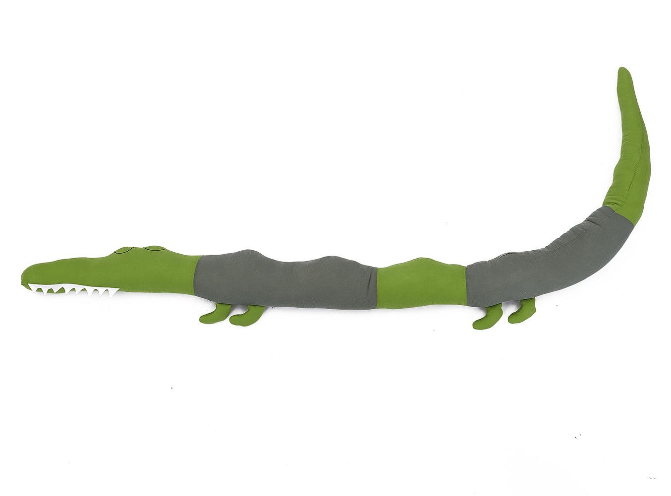 Cute long crocodile pillow for kids, designed as a stuffed toy and baby bumper, made from soft cotton fabric.