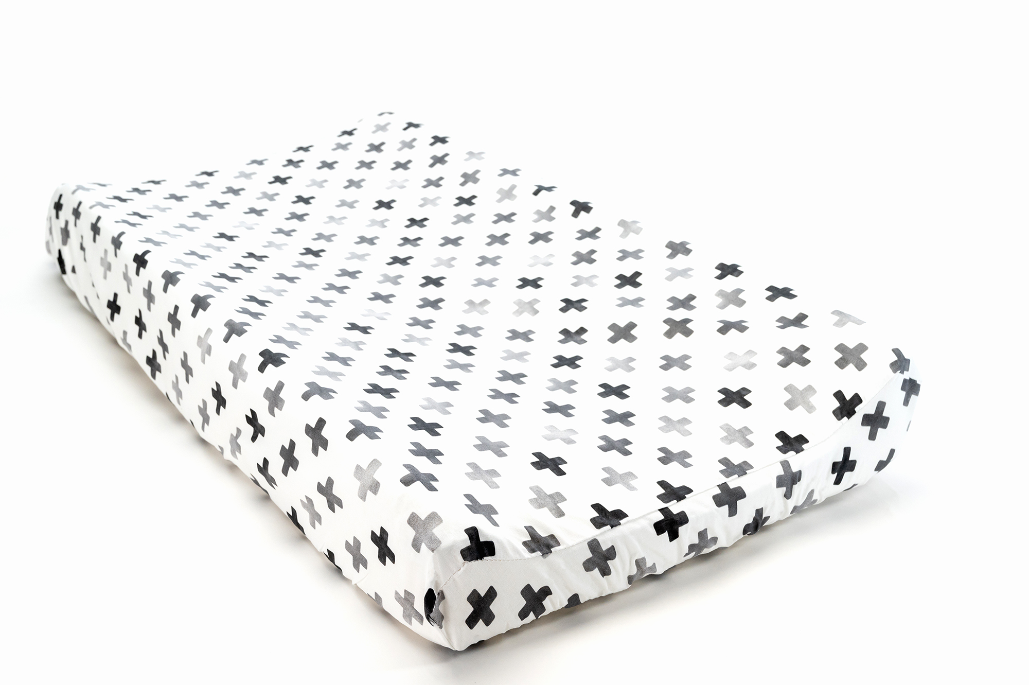 Hugo's Hazy Cross Changing Pad Cover featuring a gray Swiss cross pattern on white, made from 100% premium cotton.