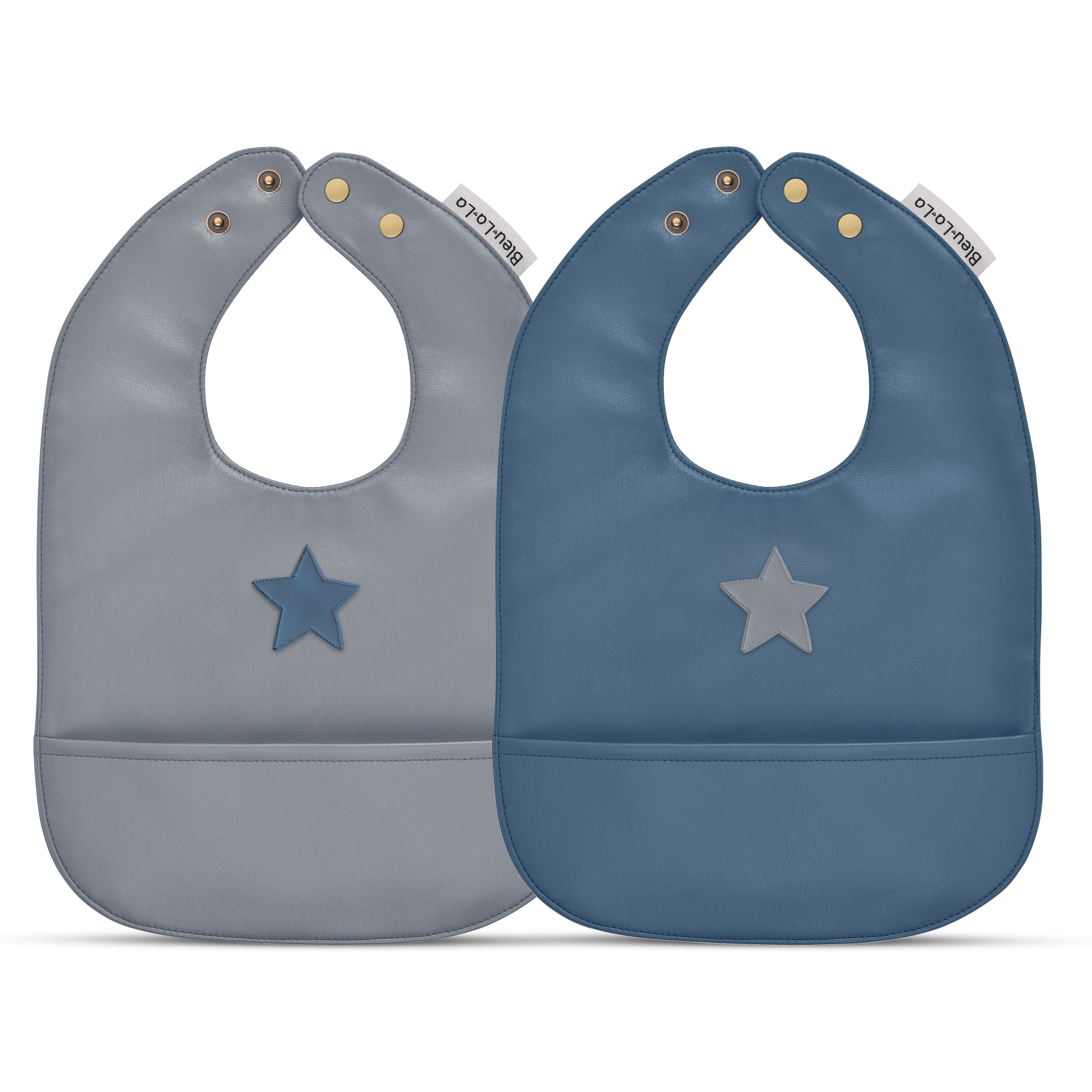 Set of premium vegan leather bibs for infants and toddlers, featuring adjustable snaps and a large pocket for easy cleaning.