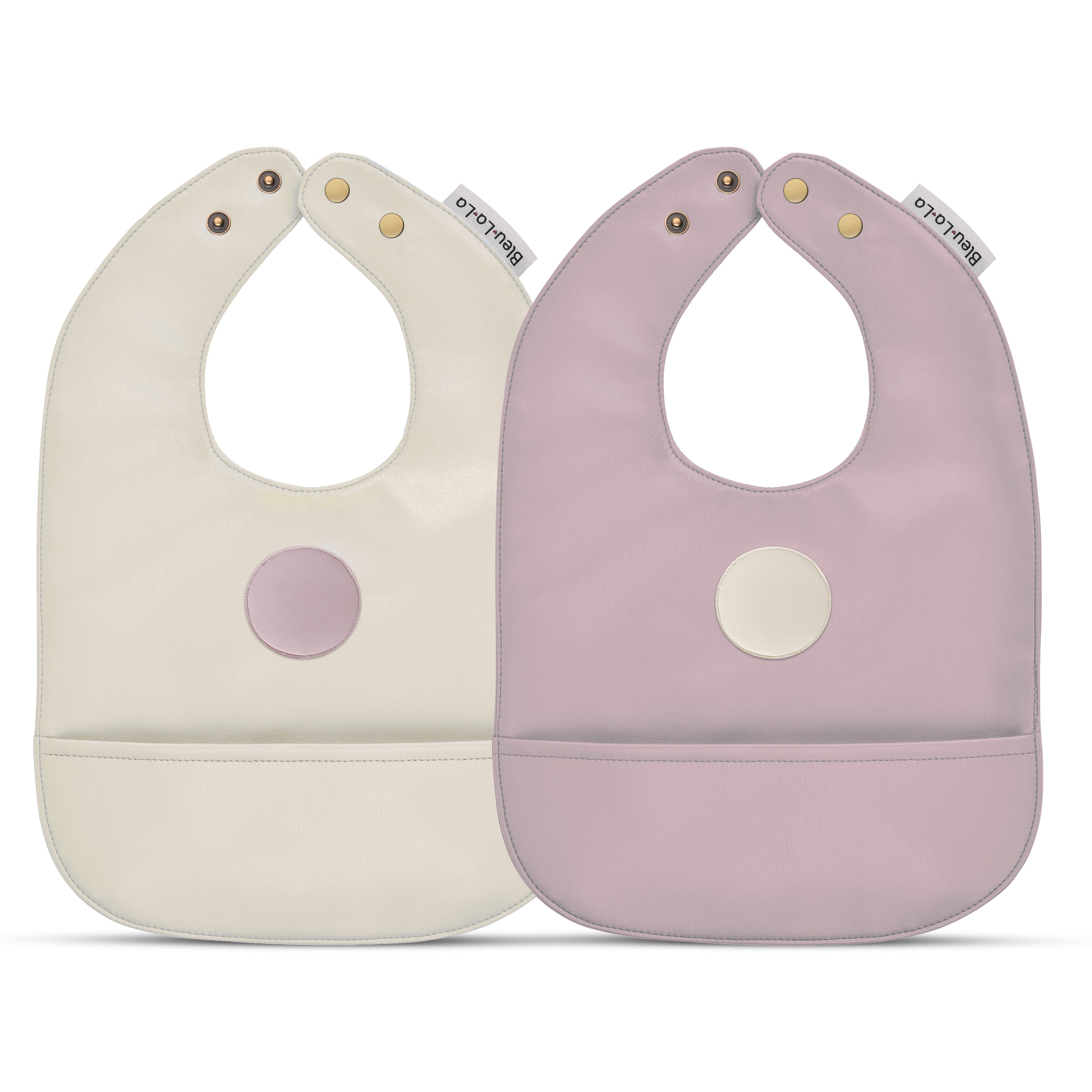 Set of premium vegan leather bibs for infants and toddlers, featuring adjustable snaps and a large pocket for easy cleaning.