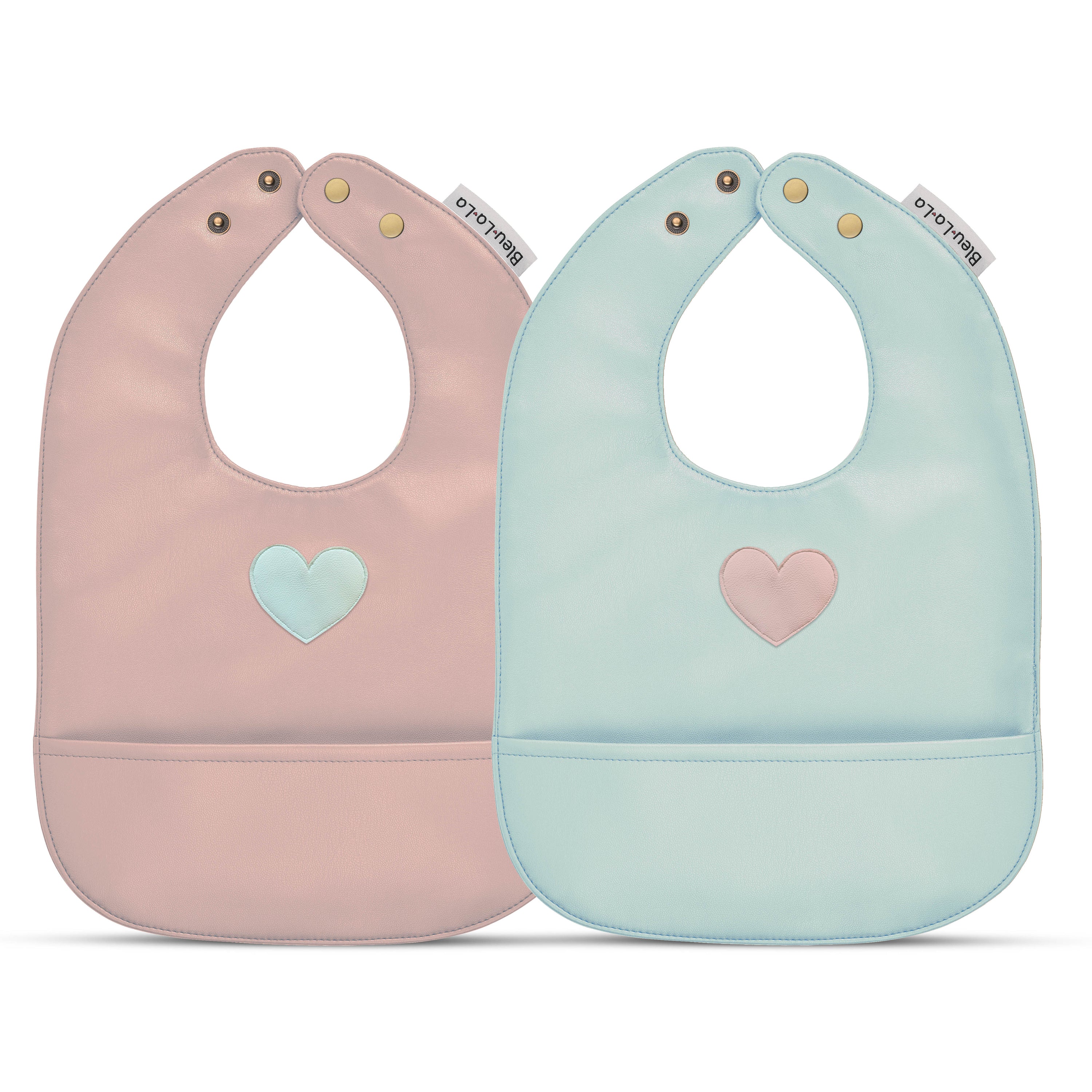 Set of premium vegan leather bibs for infants and toddlers, featuring adjustable snaps and a large pocket for easy cleaning.