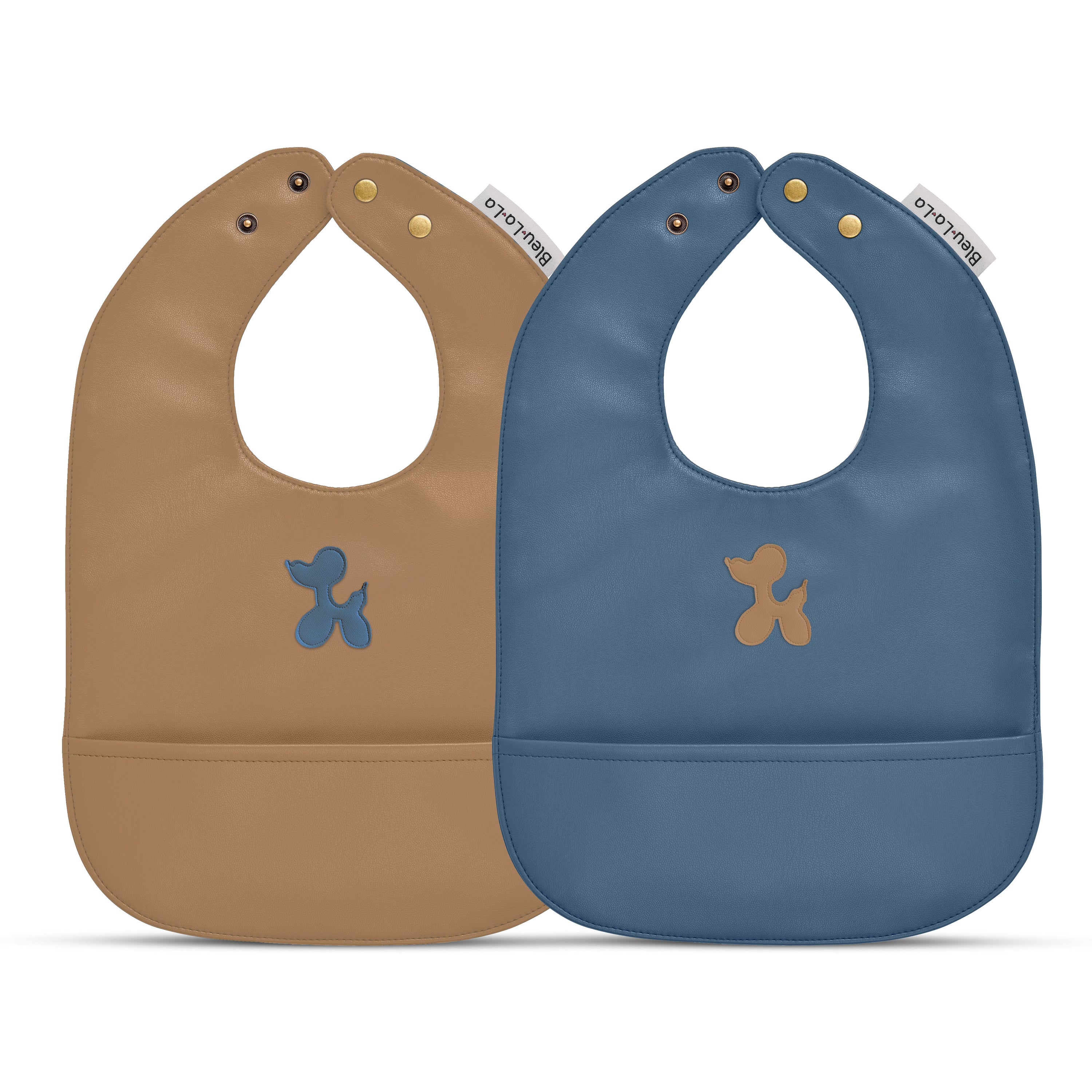 Set of premium vegan leather bibs for infants and toddlers, featuring adjustable snaps and a large pocket for easy cleaning.