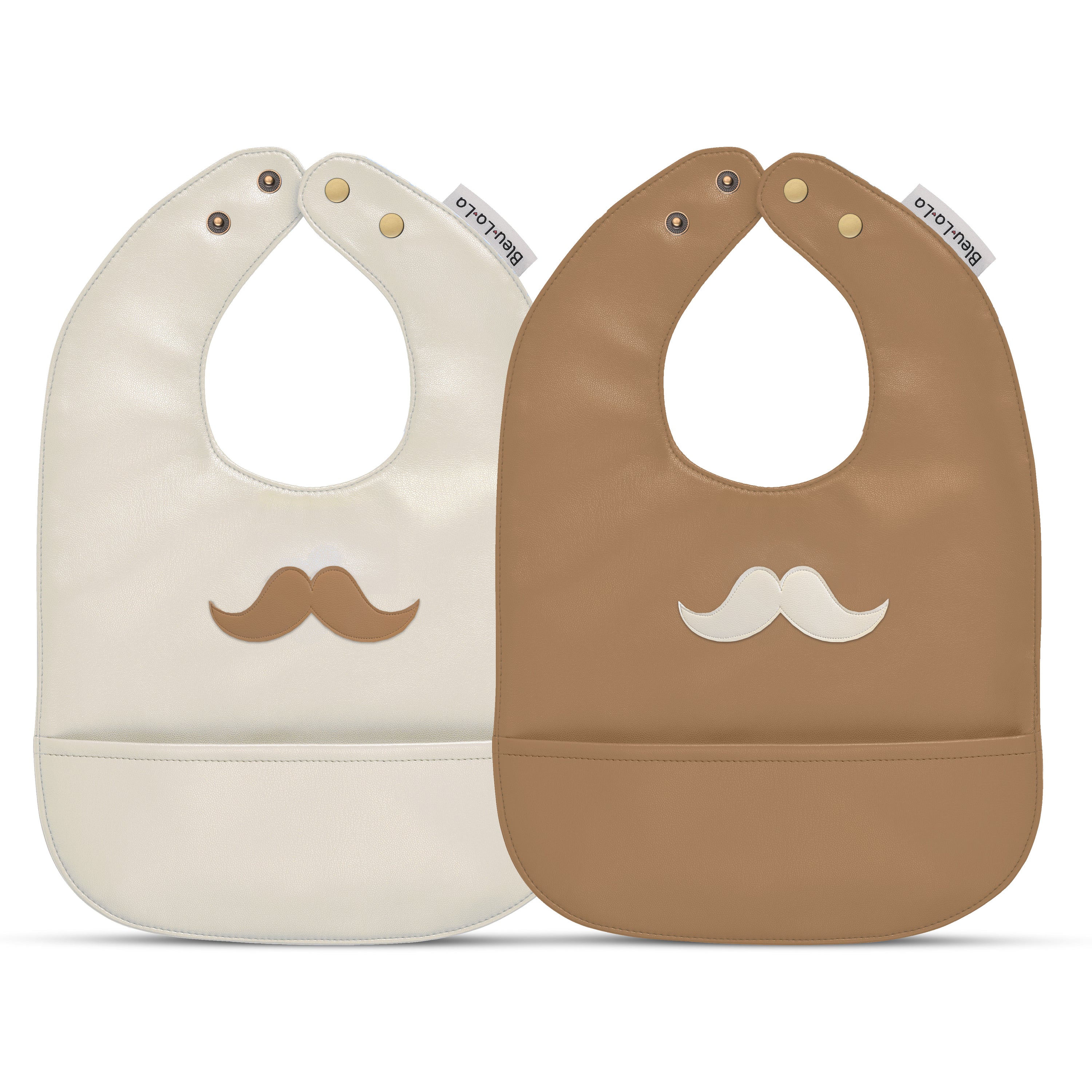 Set of premium vegan leather bibs for infants and toddlers, featuring adjustable snaps and a large pocket for easy cleaning.