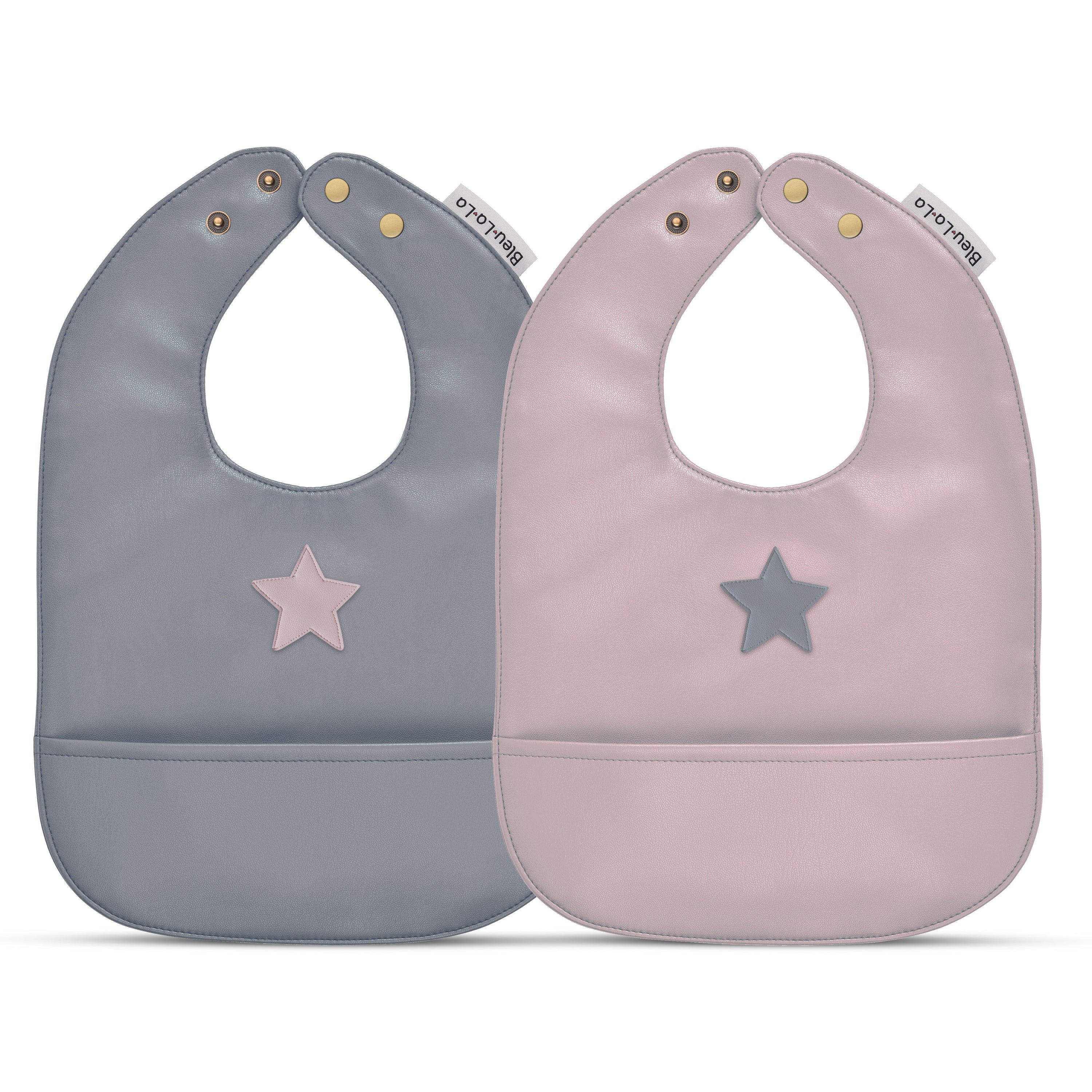 Set of premium vegan leather bibs for infants and toddlers, featuring adjustable snaps and a large pocket for easy cleaning.