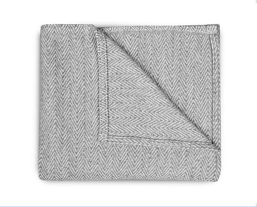 Kingsley Deluxe Crib Bedding Set featuring modern triangle designs in black and white with a grey weave blanket, perfect for stylish nurseries.