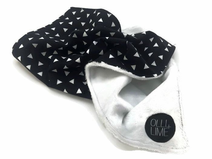Kingsley Lovey security blanket featuring a modern black and white triangle design, made from soft minky and cotton fabrics.