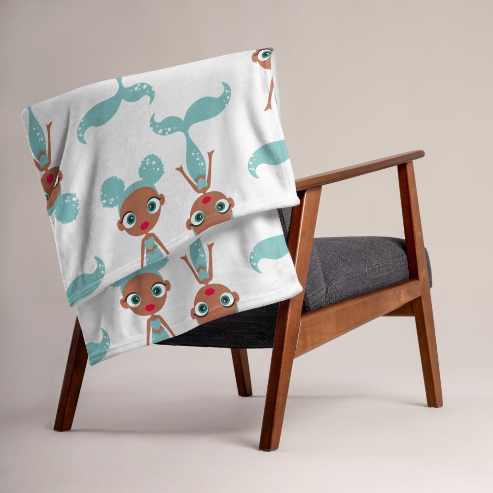 Kritter Mermaid Throw Blanket featuring an ethnic mermaid design on soft silk touch fabric, with a white reverse side.
