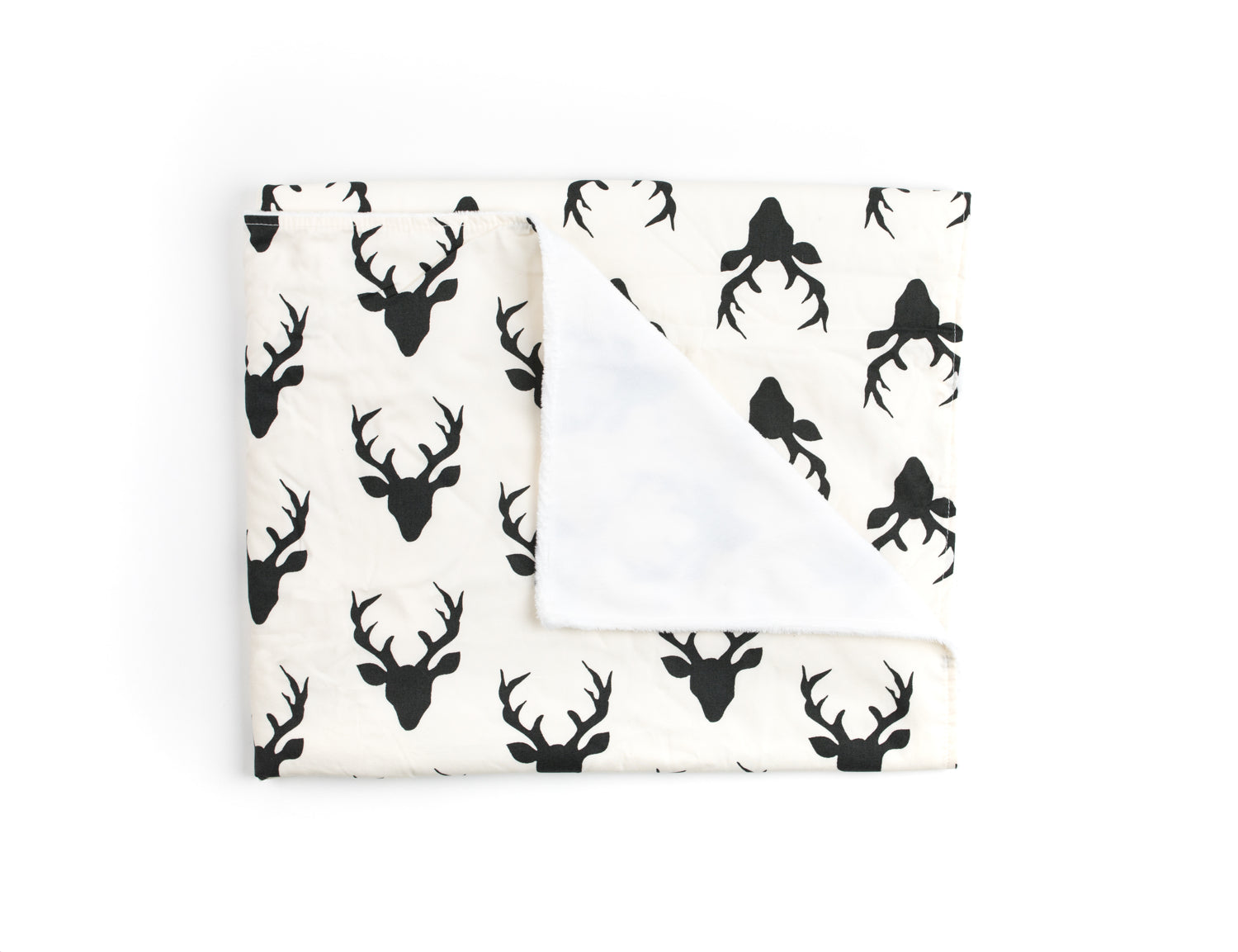 Mila Deluxe Crib Bedding Set featuring woodland deer design with grey weave blanket and charcoal crib skirt.