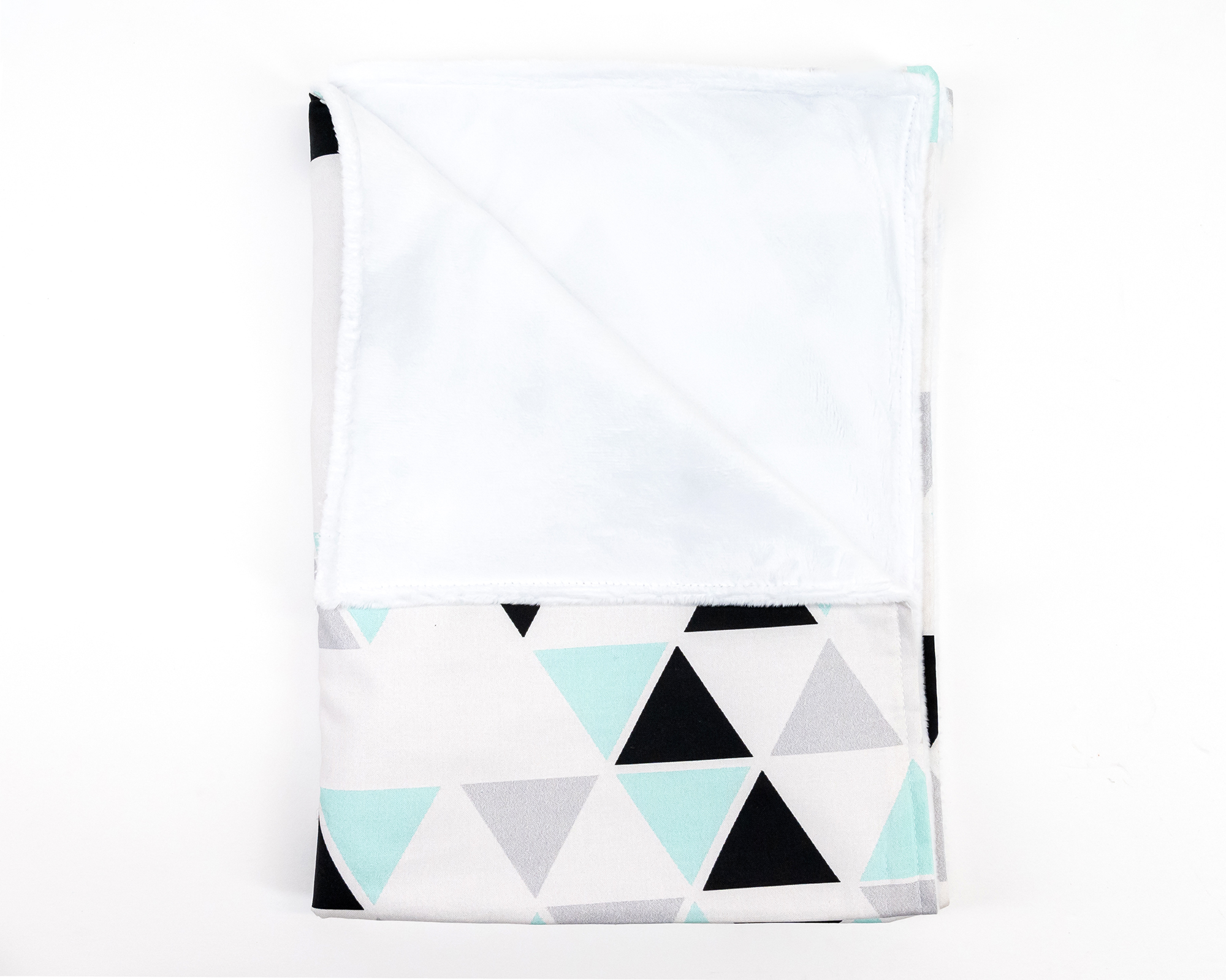 Minty Origami Baby Blanket featuring mint green, black, and light gray triangles on a white background, with soft minky backing.