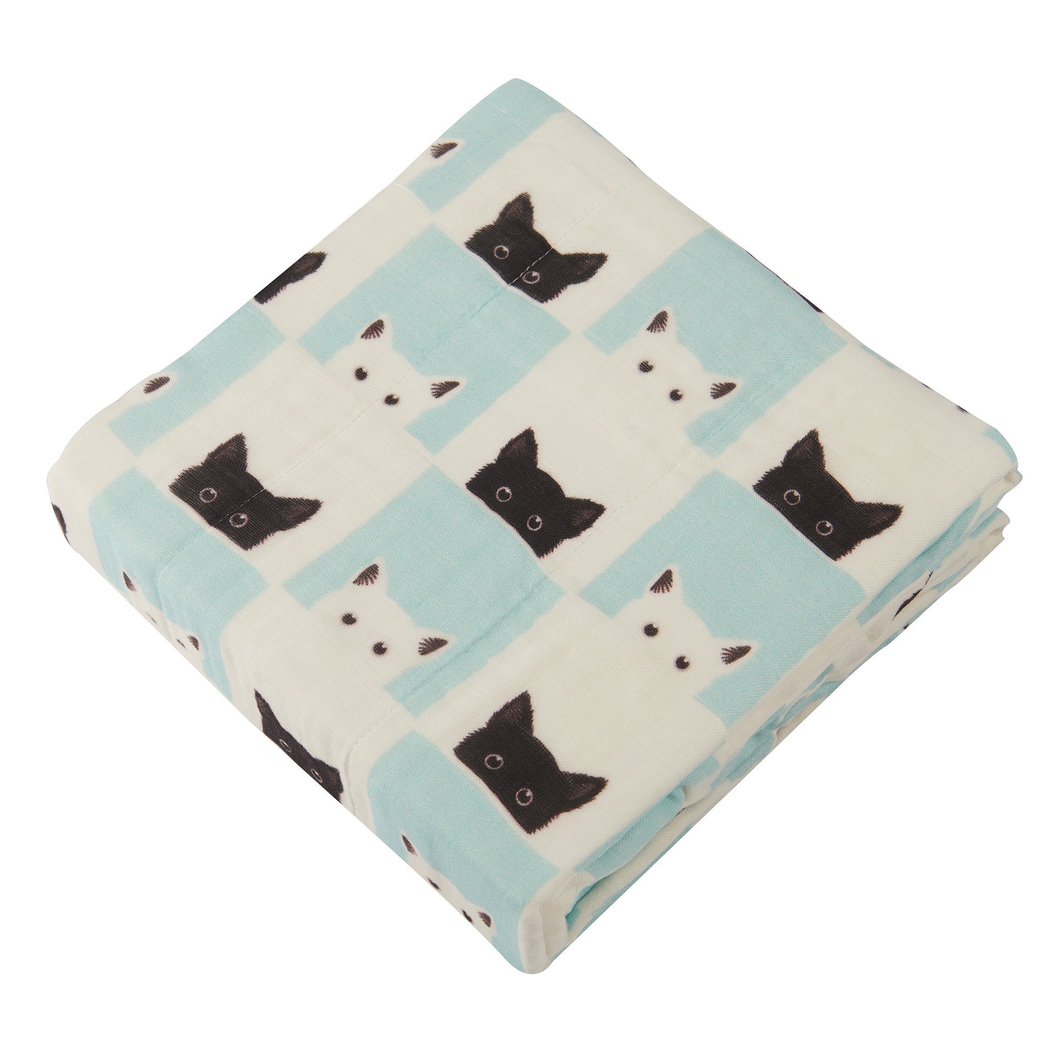 A cozy Peek-A-Boo Cats and White Newcastle Blanket made from 100% natural bamboo muslin, featuring playful cat designs, perfect for kids.
