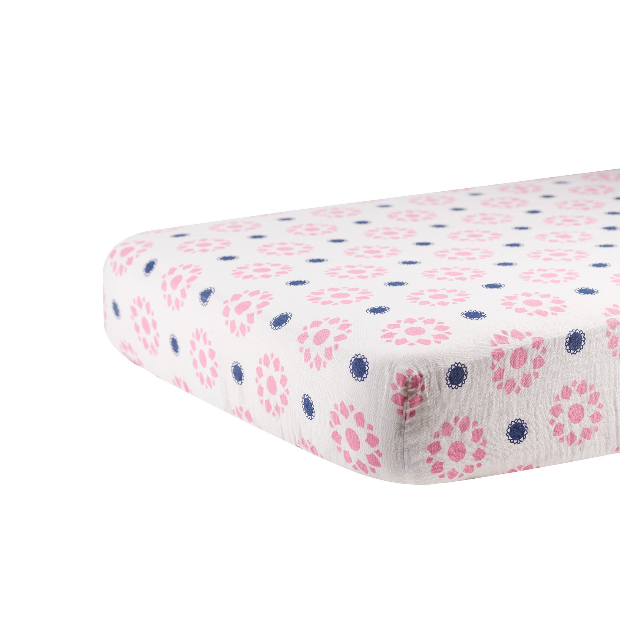 Primrose Indigo Cotton Muslin Crib Sheet featuring soft, breathable fabric with a charming floral pattern, designed for standard crib mattresses.