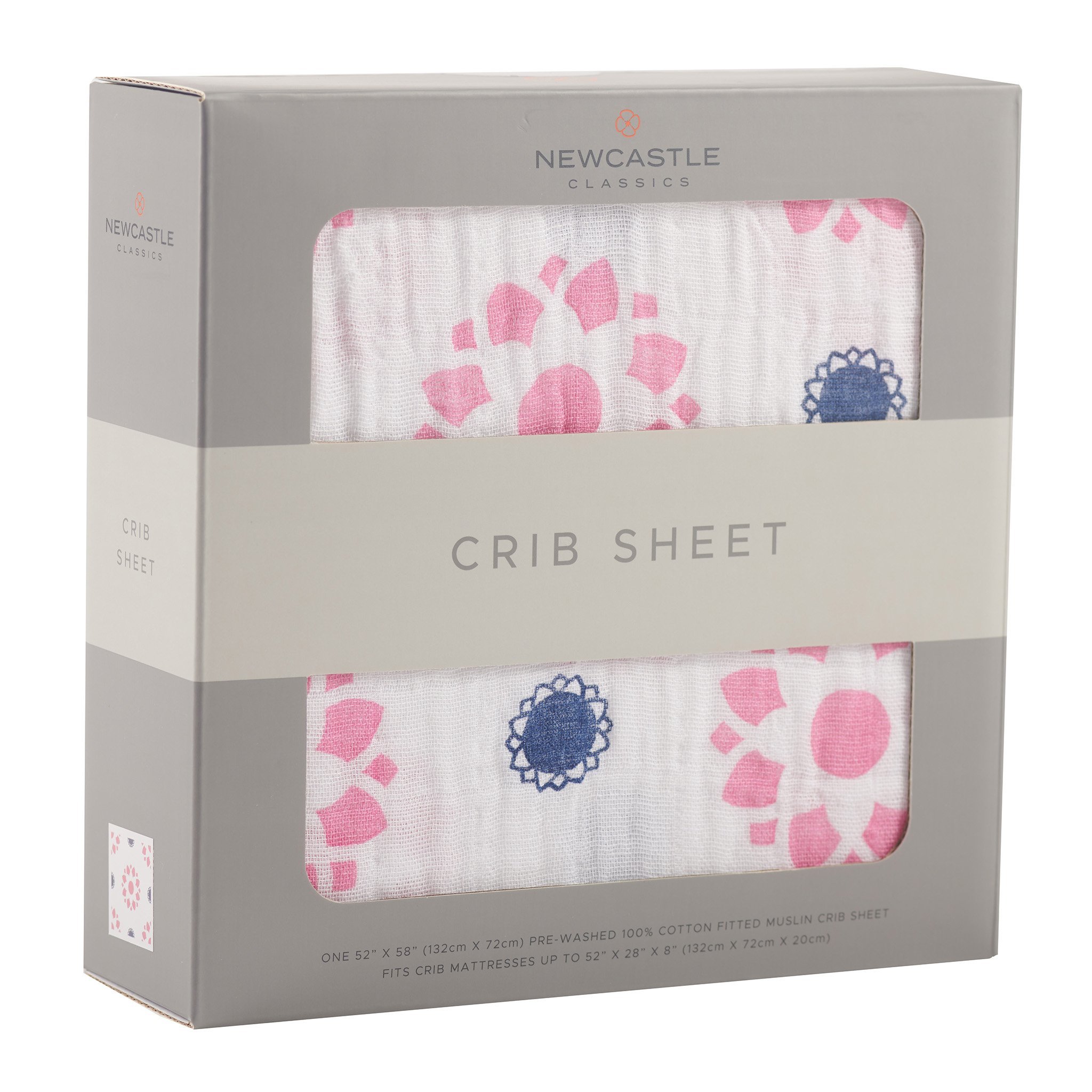 Primrose Indigo Cotton Muslin Crib Sheet featuring soft, breathable fabric with a charming floral pattern, designed for standard crib mattresses.