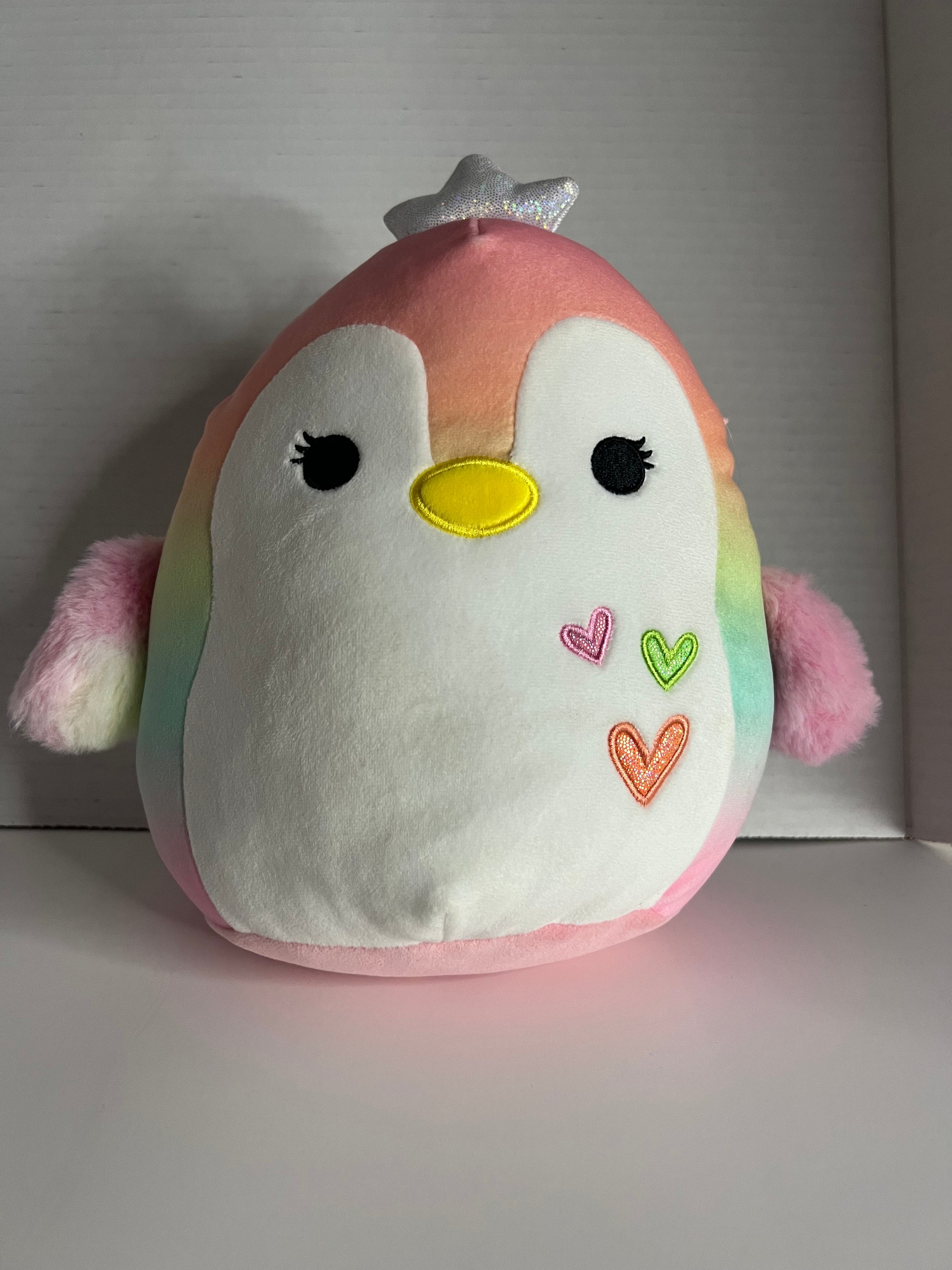 8-inch Louisa the Penguin Squishmallow with multicolor design, perfect for Valentine's Day gifting.