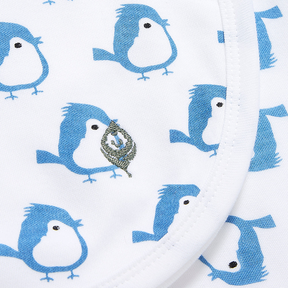 The Blue Birdie Blanket made from 100% organic cotton, featuring a soft water-based ink print and Baby-in-Leaf embroidery, perfect for babies.