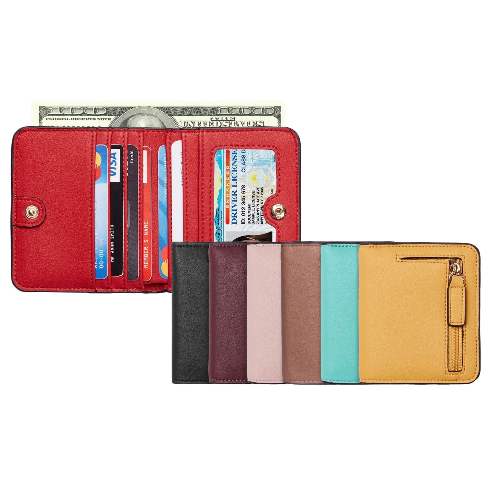Women's Luxury Compact Faux Leather Bifold Wallet in waxed leather with RFID blocking technology, featuring card slots and a zipper coin pocket.