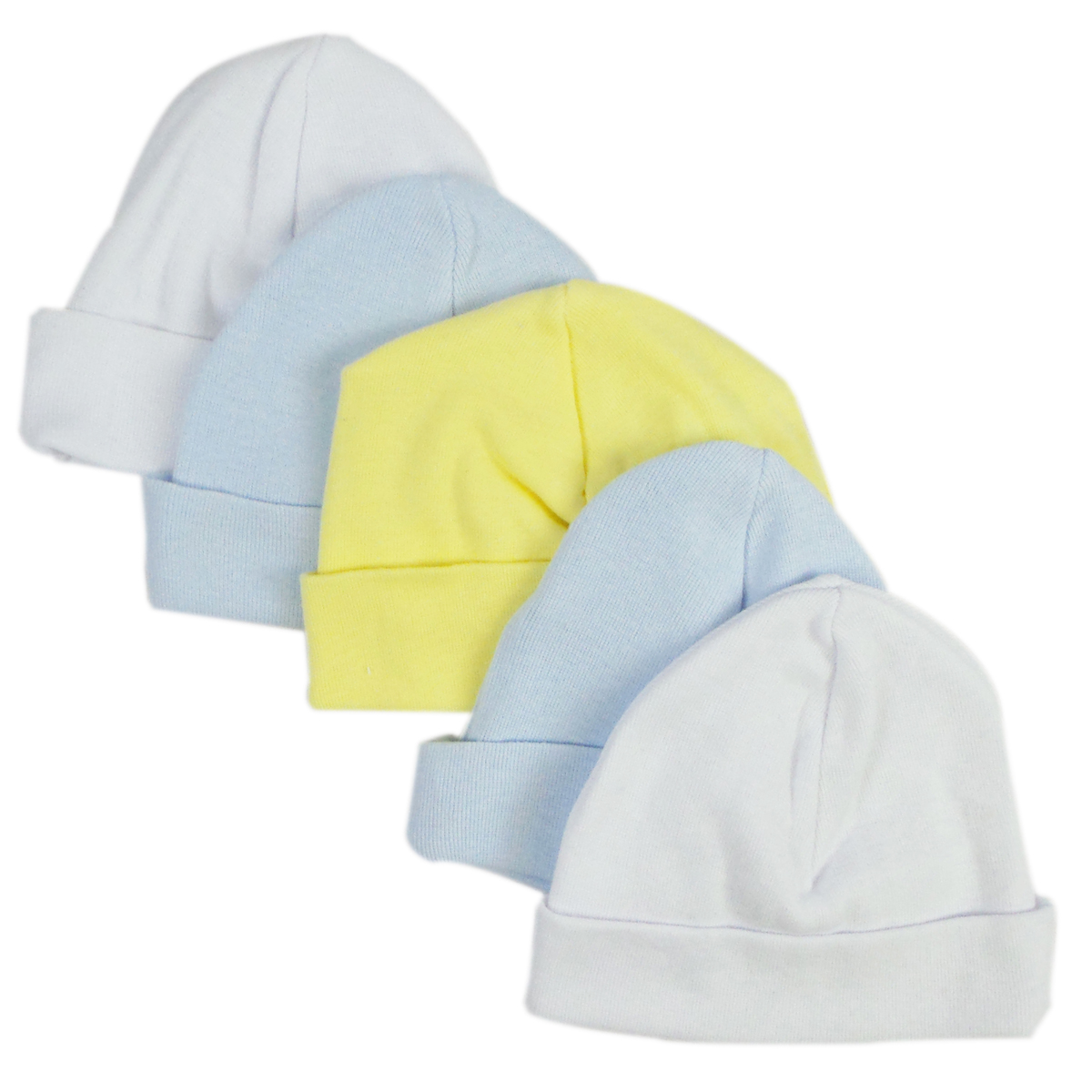 Bambini assorted baby caps in pastel blue and yellow, soft cotton material, perfect for infants, displayed in a pack of five.