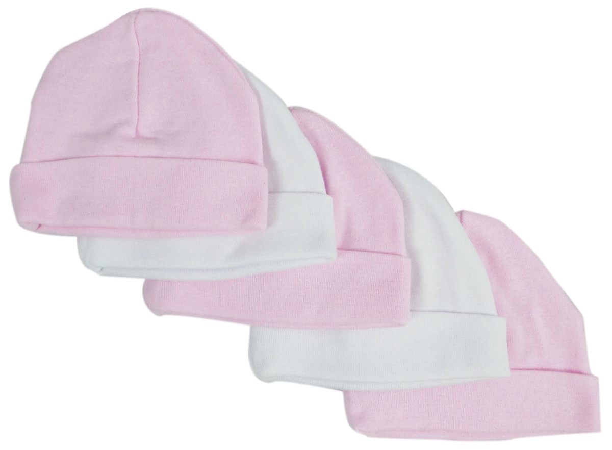 Bambini 031-PINK-3-W-2 Baby Caps in pink and white, pack of 5, soft cotton beanies for infant girls.