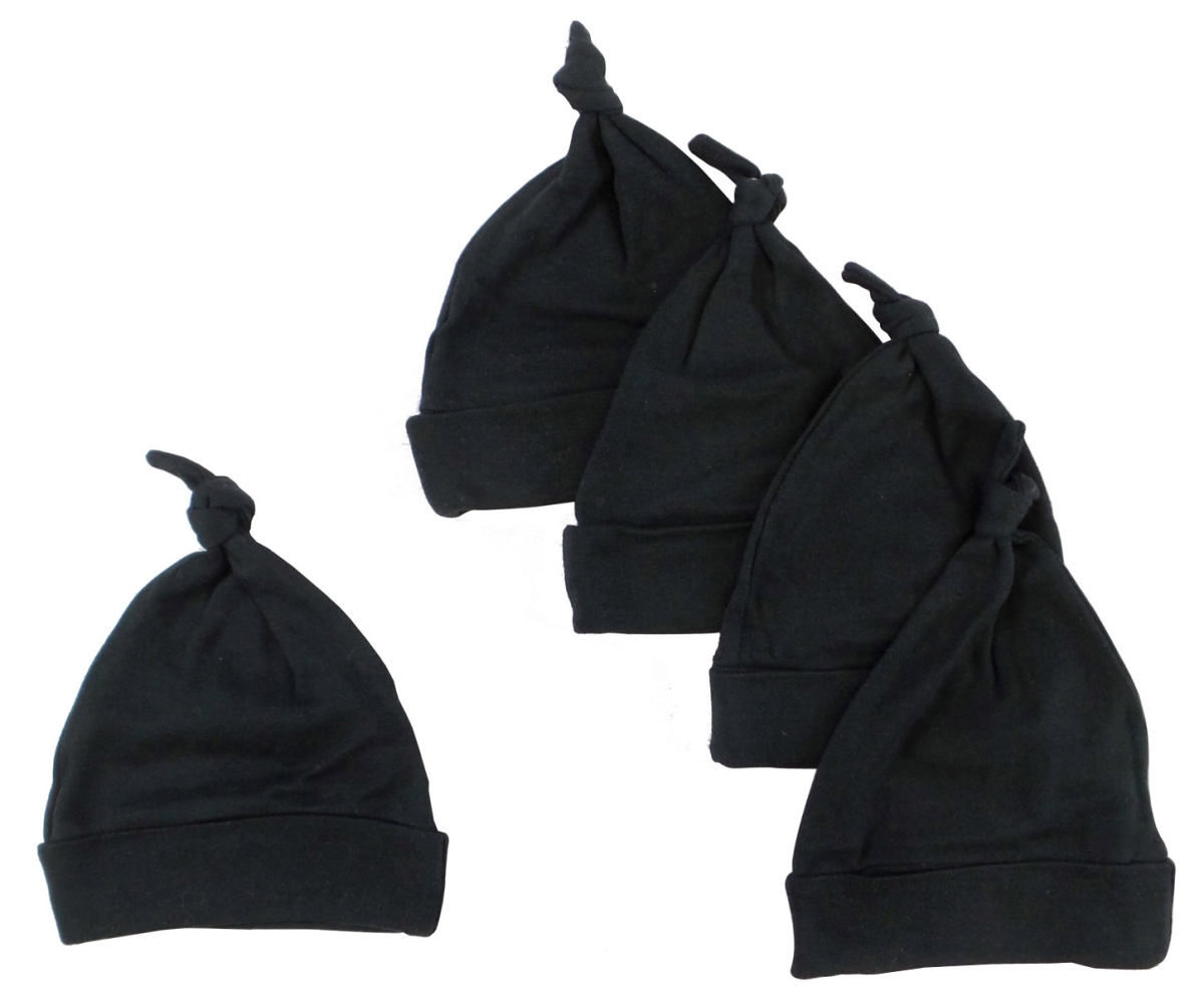 Pack of five black Bambini knotted baby caps made from 100% cotton, designed for warmth and comfort for infants.
