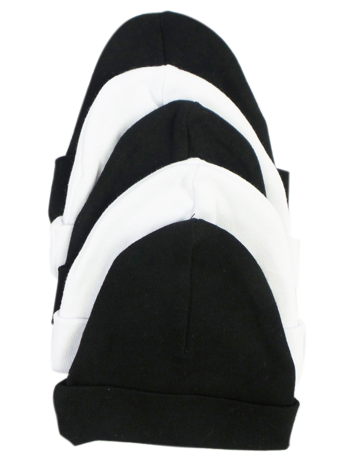 A pack of five black and white baby caps, featuring soft cotton material and a stretchy design, perfect for infants.