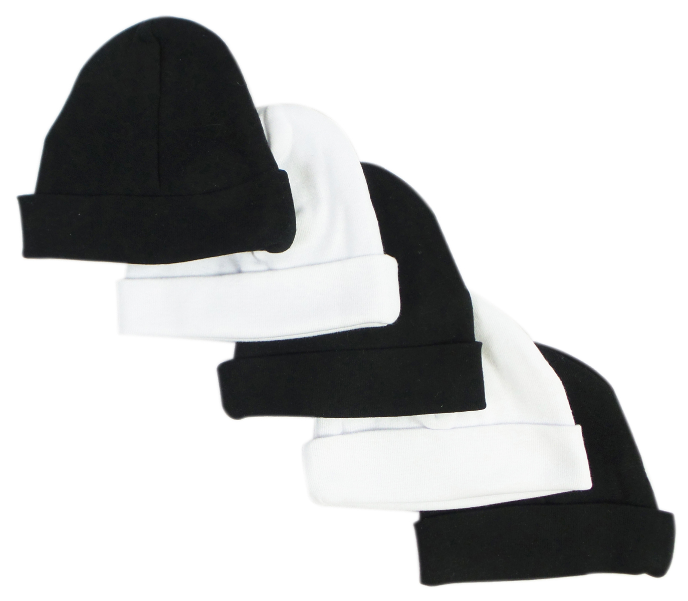 A pack of five black and white baby caps, featuring soft cotton material and a stretchy design, perfect for infants.