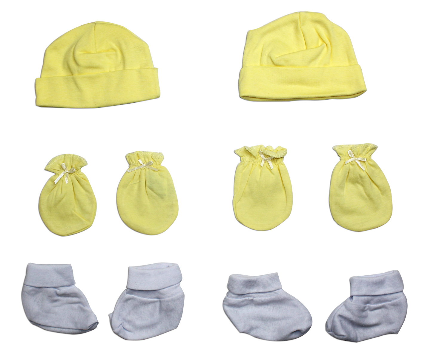 Neutral 6 piece layette set including cap, booties, and mittens, made from soft cotton for newborn comfort.