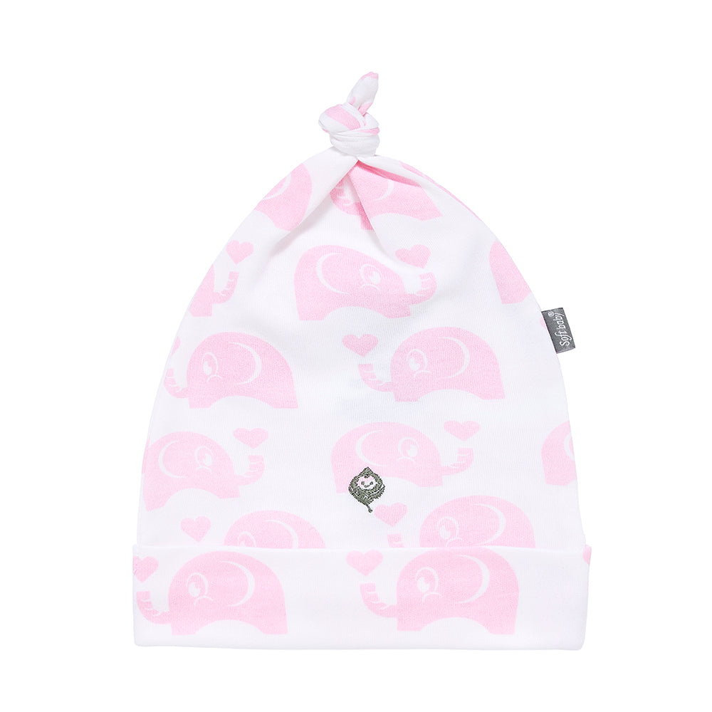 The Pink Elephant Hat made from 100% organic cotton, featuring a vibrant water-based ink print and Baby-in-Leaf embroidery, perfect for babies and toddlers.