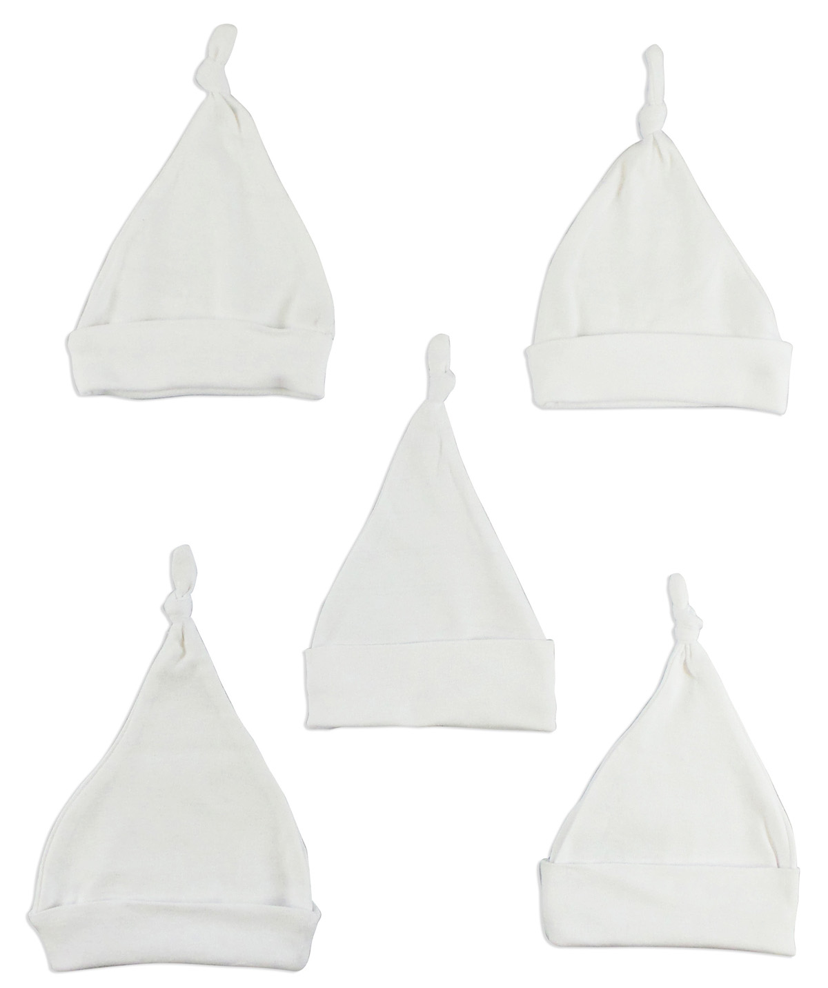 Five white knotted baby caps made of soft cotton, designed for infants up to 18 months, perfect for keeping little heads warm.