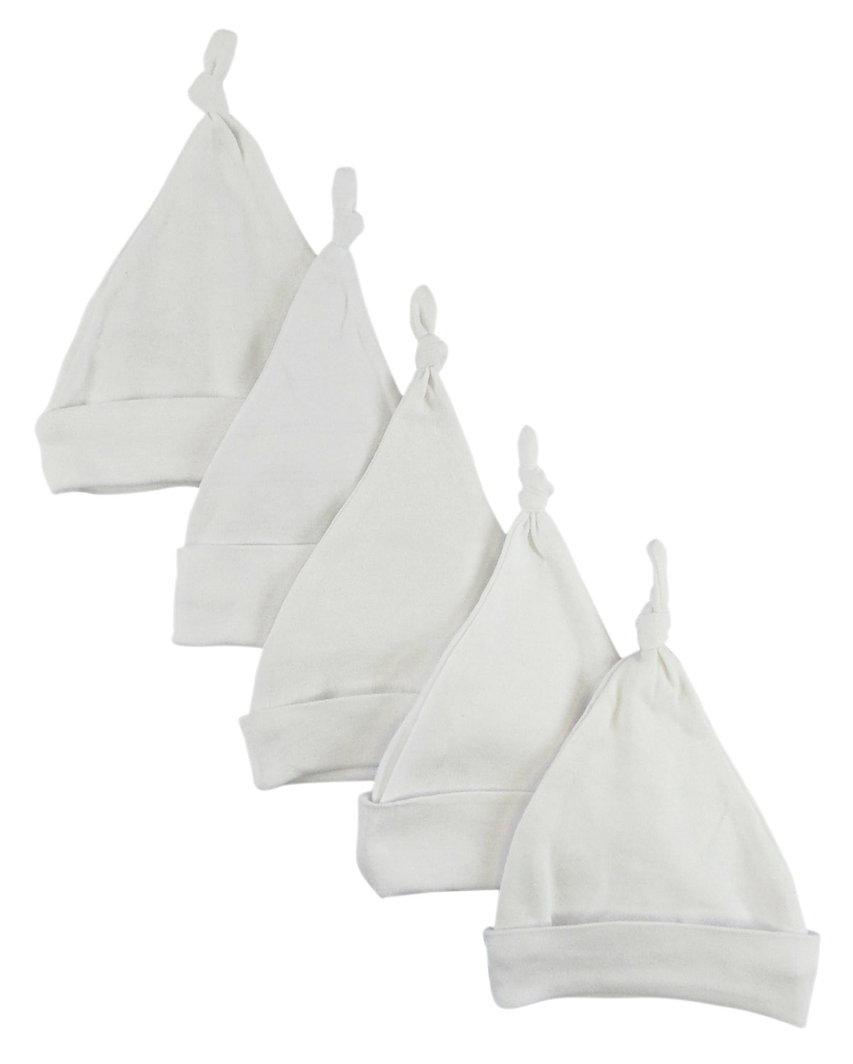 Five white knotted baby caps made of soft cotton, designed for infants up to 18 months, perfect for keeping little heads warm.
