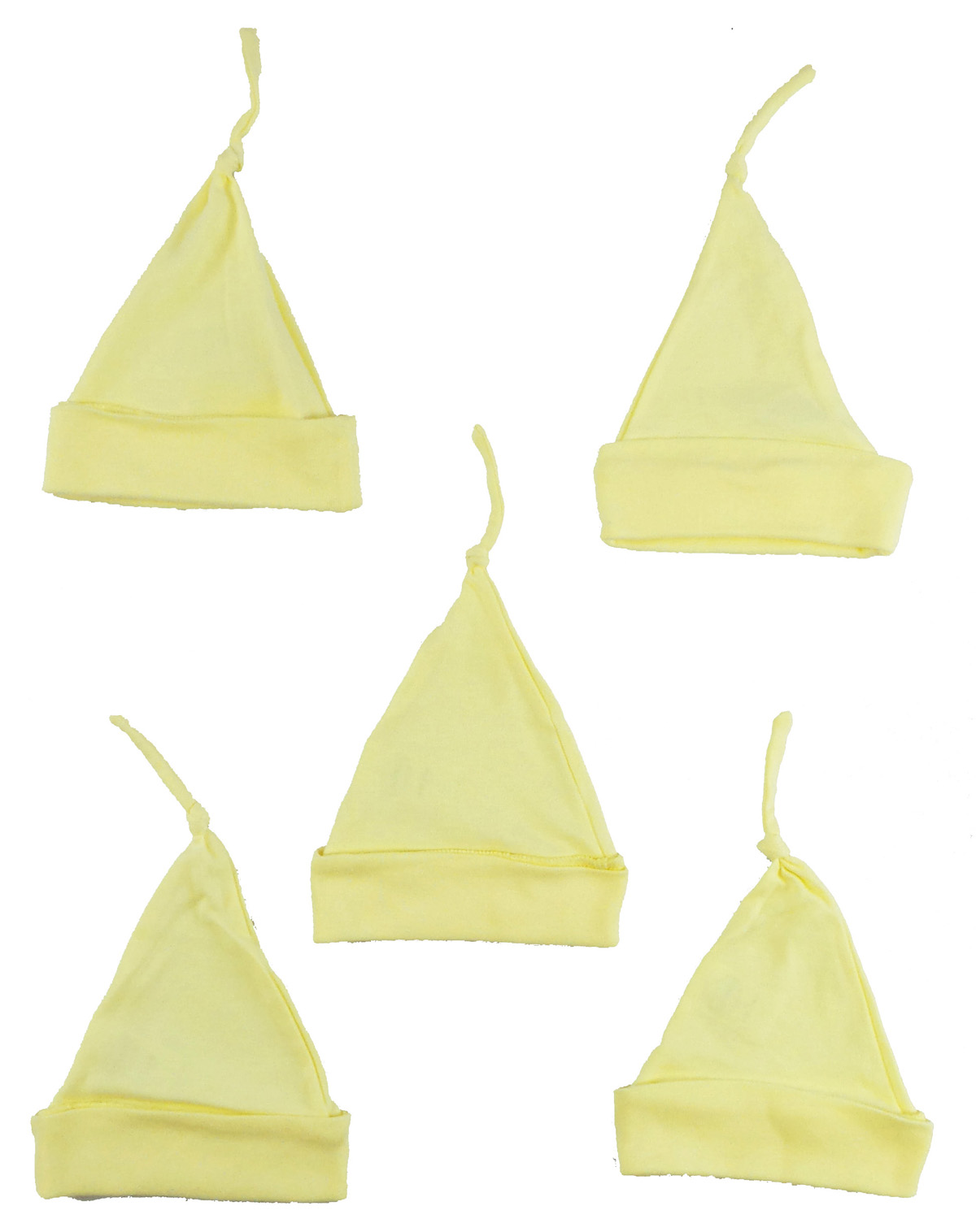 A pack of five yellow knotted baby caps made from soft cotton, designed for babies up to 18 months, perfect for keeping little heads warm.