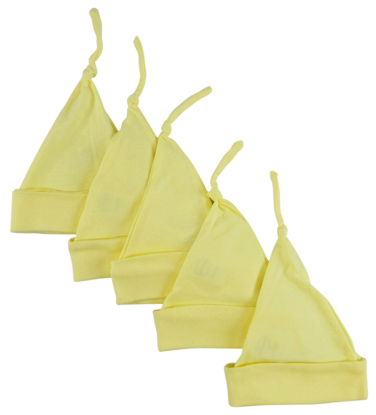 A pack of five yellow knotted baby caps made from soft cotton, designed for babies up to 18 months, perfect for keeping little heads warm.