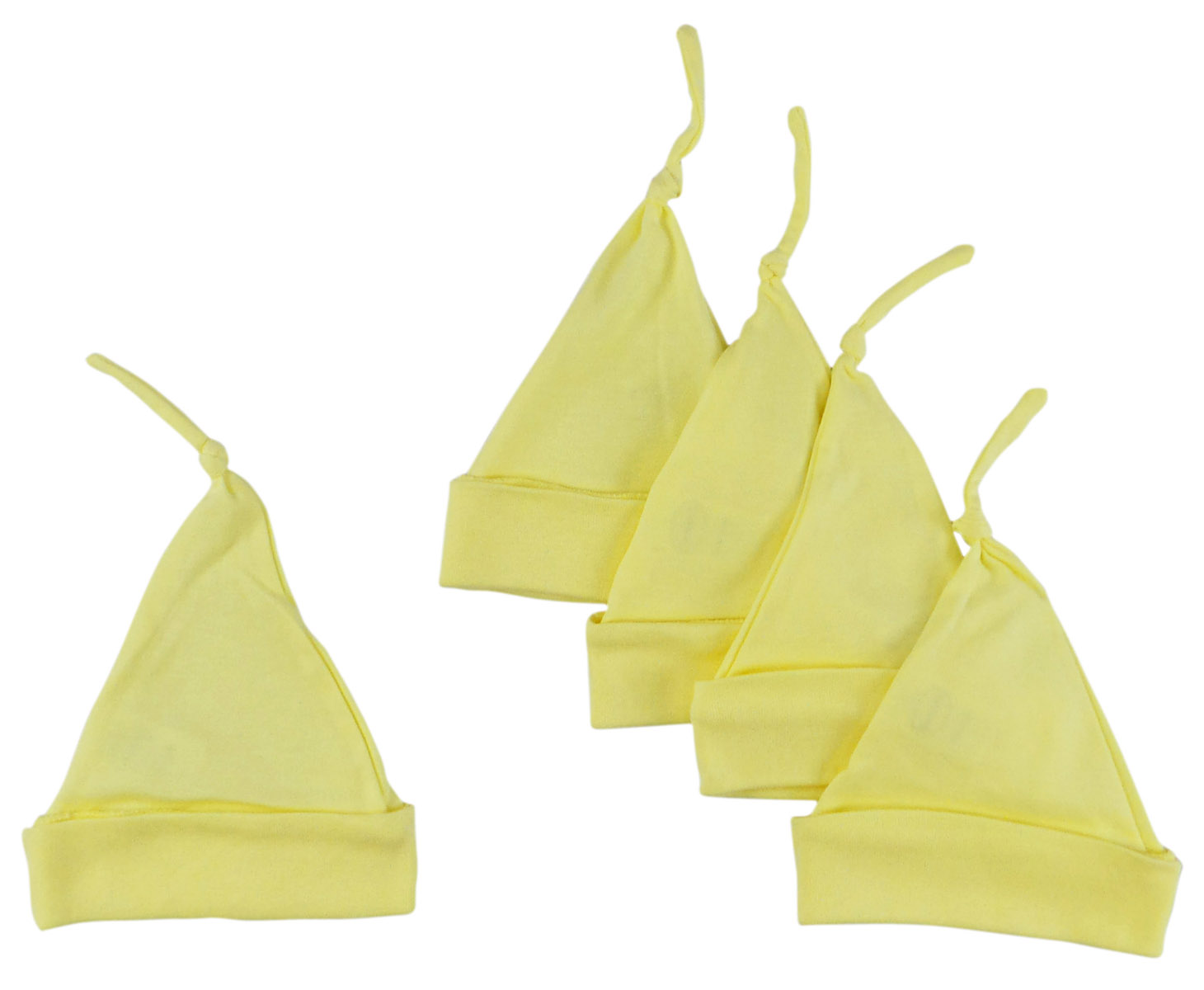 A pack of five yellow knotted baby caps made from soft cotton, designed for babies up to 18 months, perfect for keeping little heads warm.