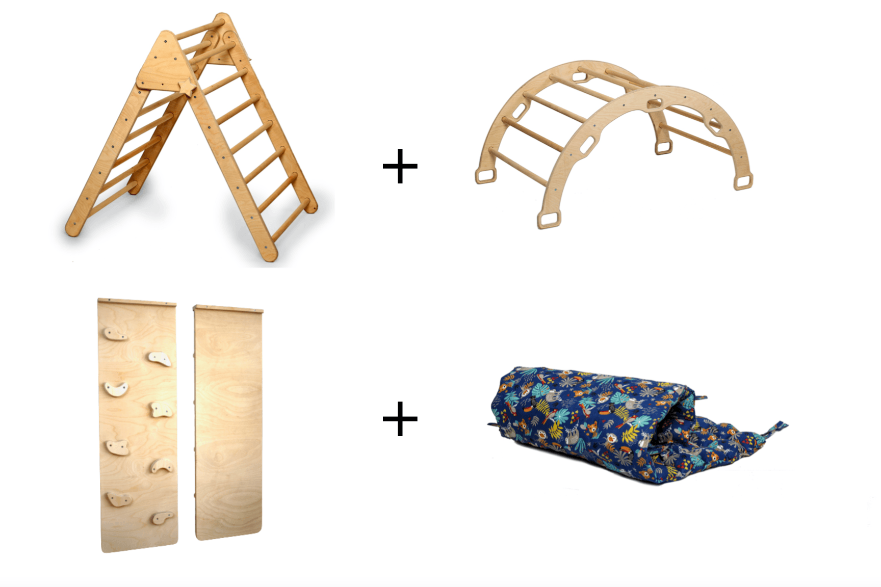 4 Pieces Climbing Set featuring a climbing triangle, arch rocker, blue pillow, and sliding ramp made from natural birch plywood.