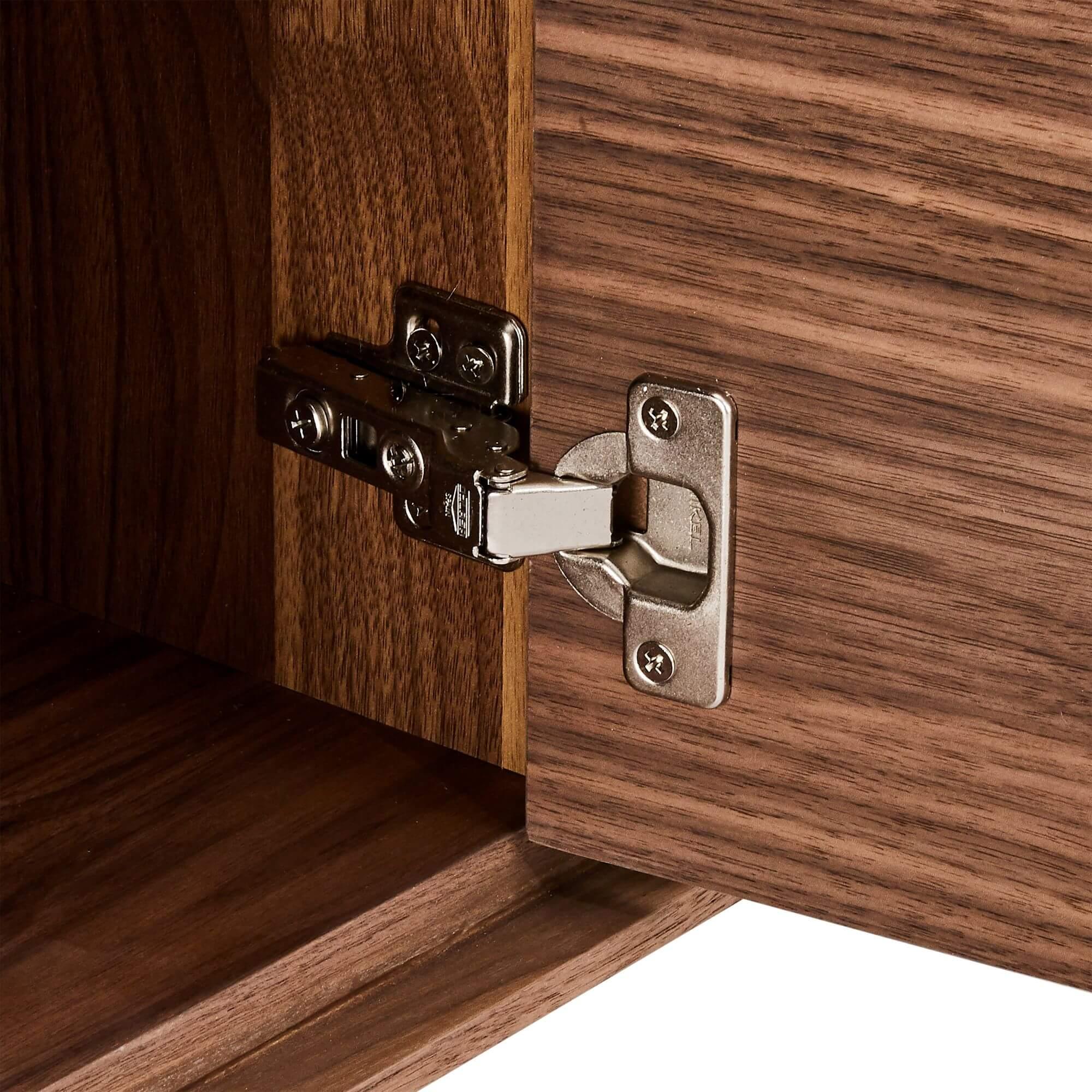 4-Door Sideboard Tokyo Walnut featuring American walnut wood and lacquered steel legs, showcasing a minimalist design with soft-closing doors.