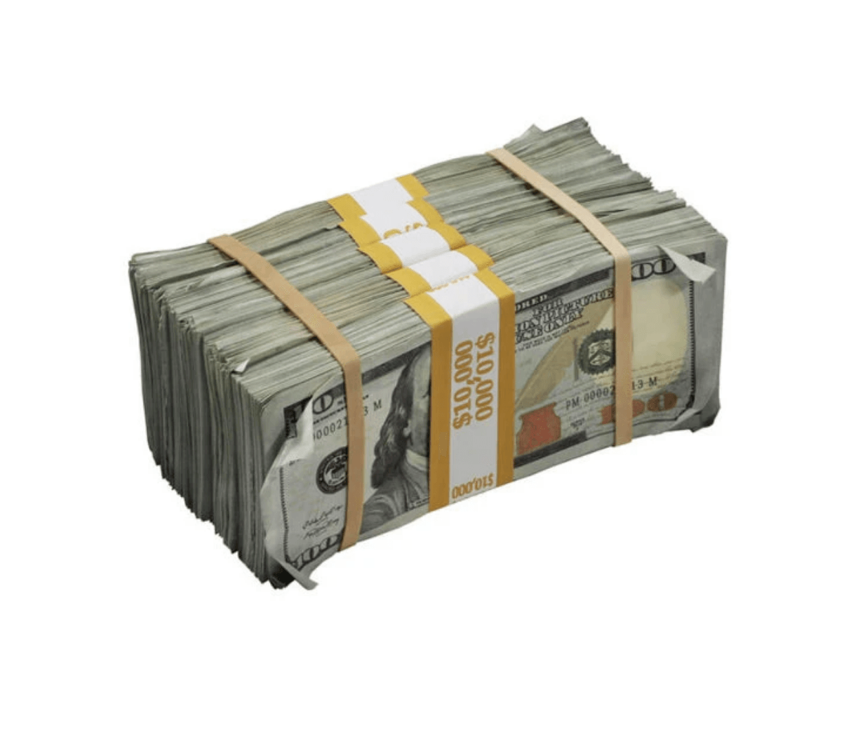 Aged prop money featuring five stacks of 10k bills, designed for film and photography use.