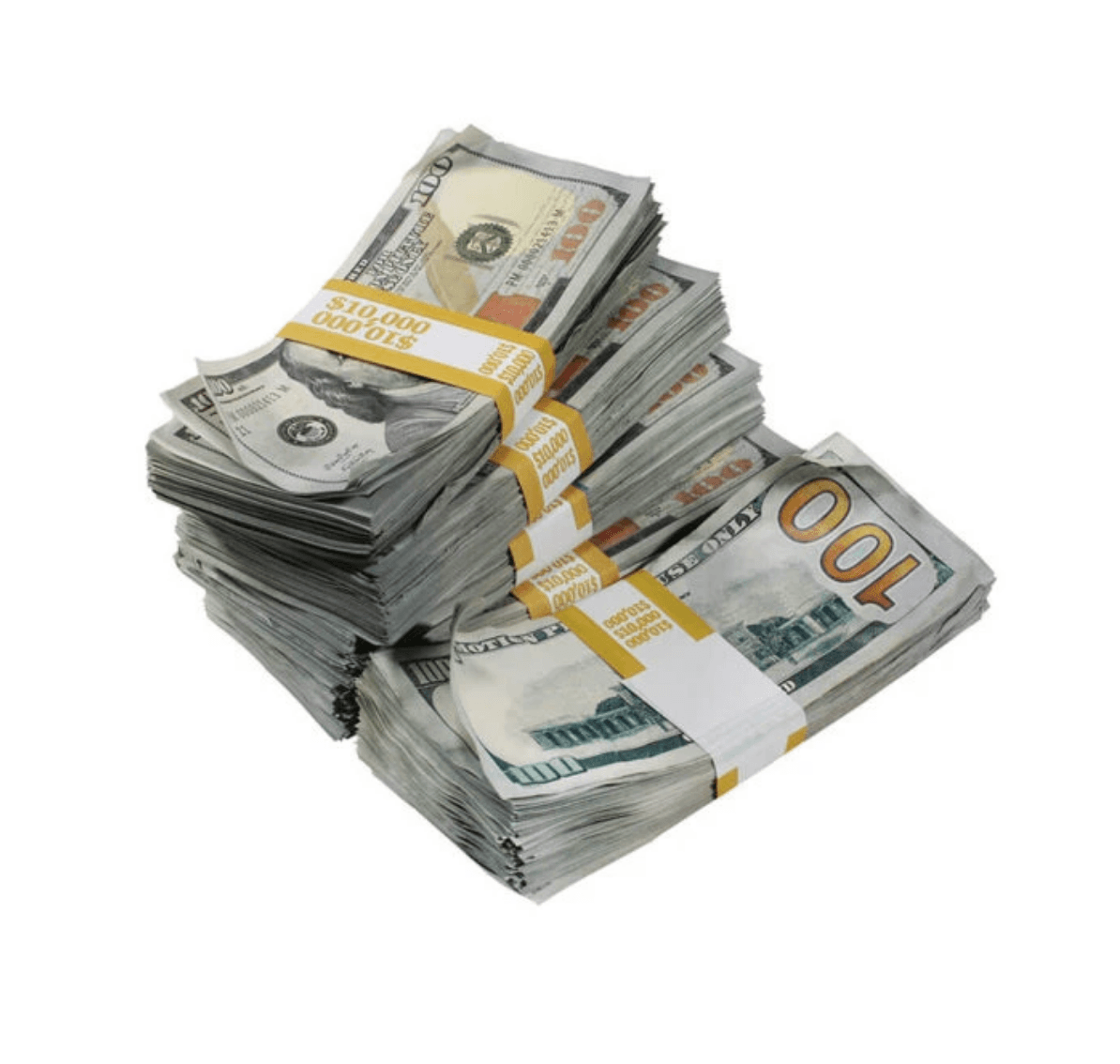 Aged prop money featuring five stacks of 10k bills, designed for film and photography use.