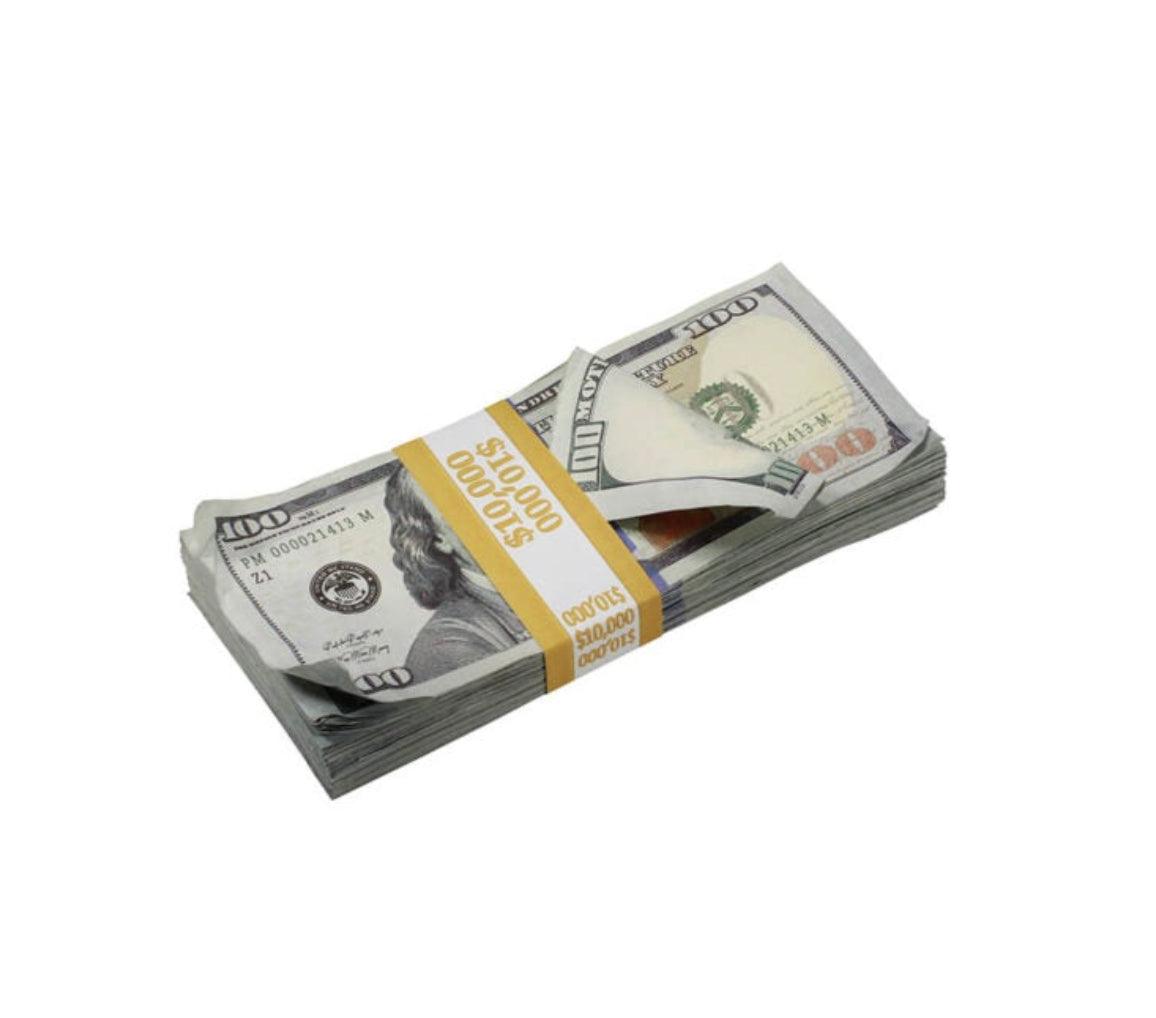 Aged prop money featuring five stacks of 10k bills, designed for film and photography use.