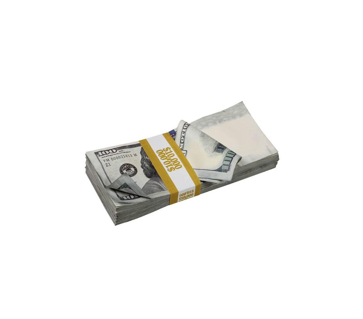 A realistic set of vintage look prop money totaling $50,000, displayed with a canvas money bag, perfect for film and photography.