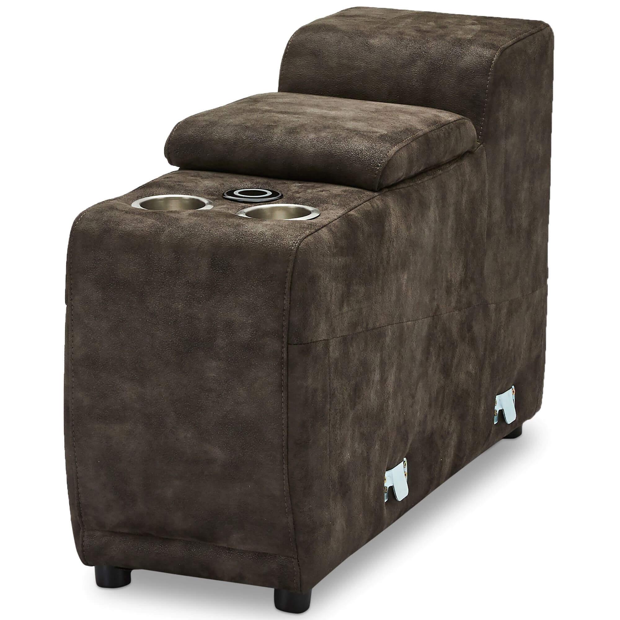 Brown bar sofa module featuring cupholders and wireless charger, designed for comfort and elegance.