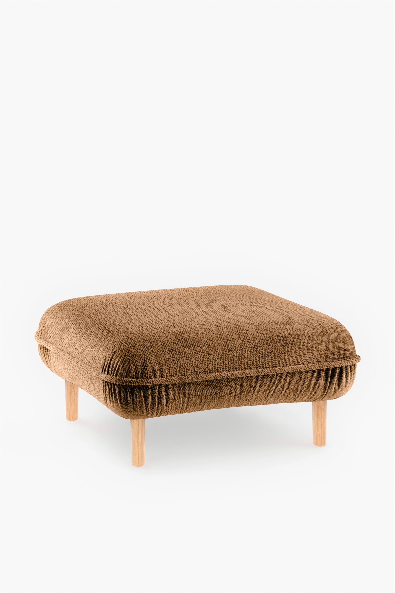 Bean Pouf featuring soft pleated velour fabric and elegant wooden legs, available in five colors.