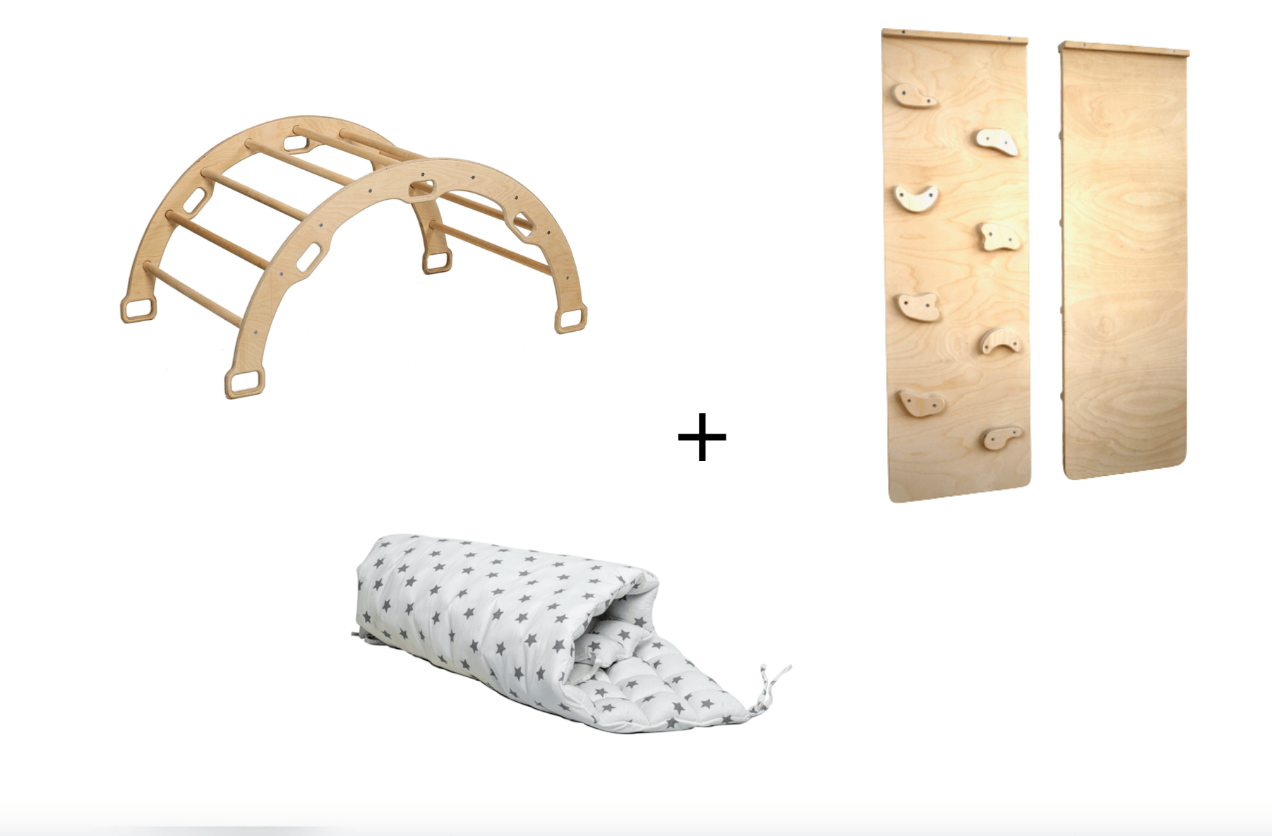Climbing Arch with Rockwall Ramp and Star Pillow Set, a wooden Montessori toy designed for toddlers, featuring a sturdy arch, rockwall ramp, and soft star pillow.