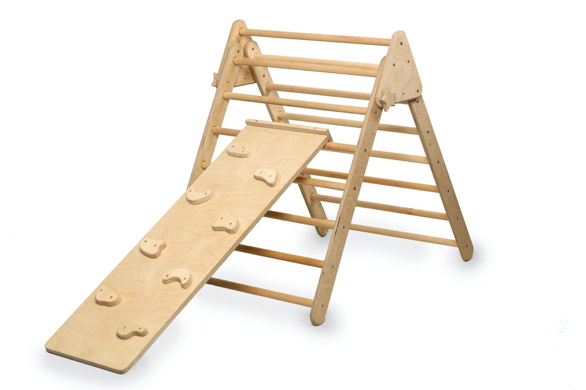 Foldable Montessori Climbing Triangle and Ramp Set made of natural birch wood, designed for toddlers to enhance motor skills and play.