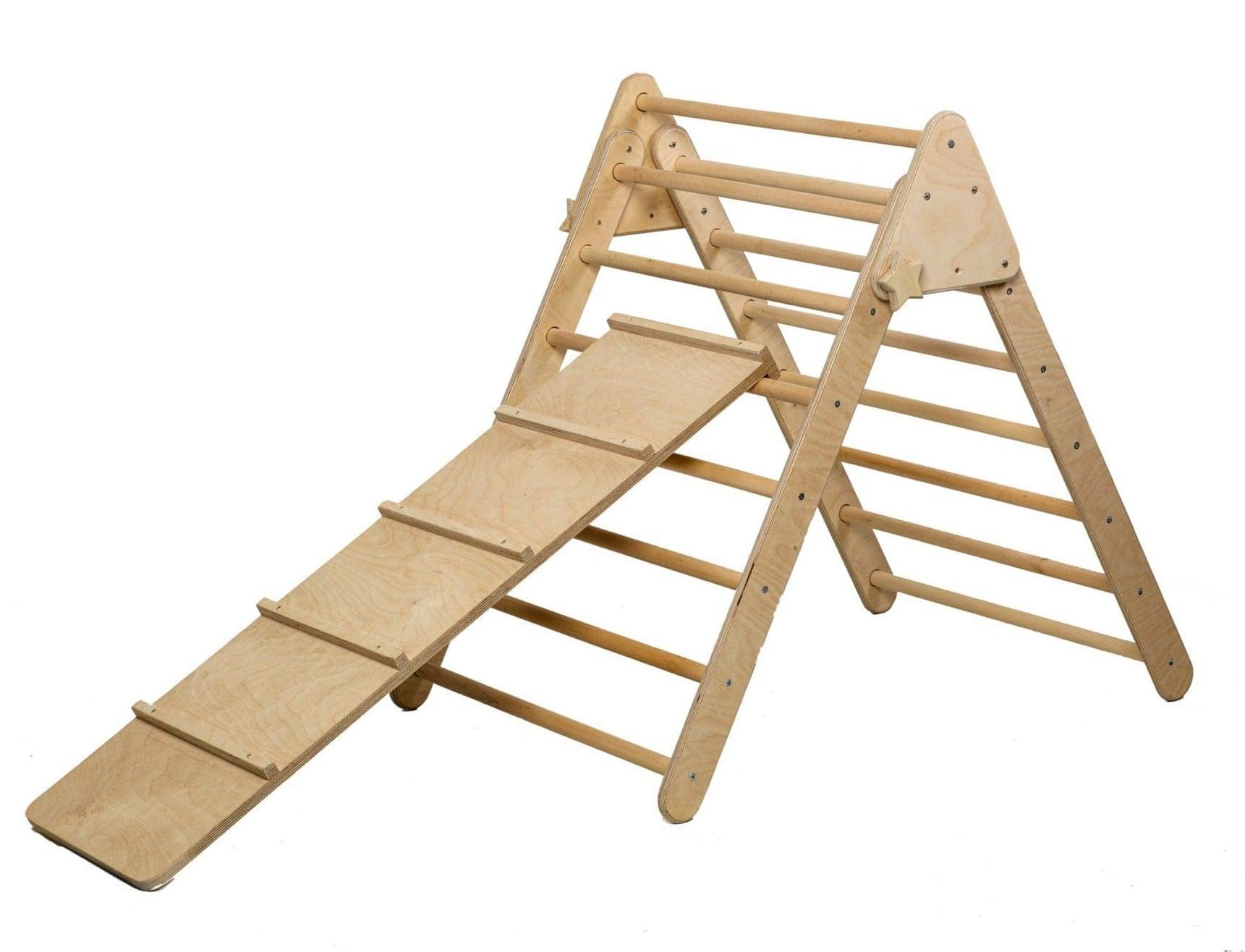 Foldable Montessori Climbing Triangle and Ramp Set made of natural birch wood, designed for toddlers to enhance motor skills and play.