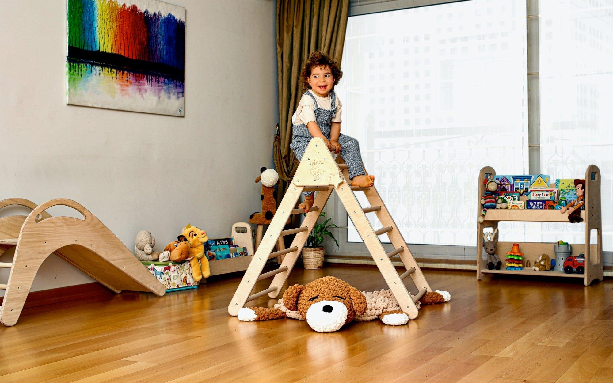 Foldable Montessori Climbing Triangle and Ramp Set made of natural birch wood, designed for toddlers to enhance motor skills and play.