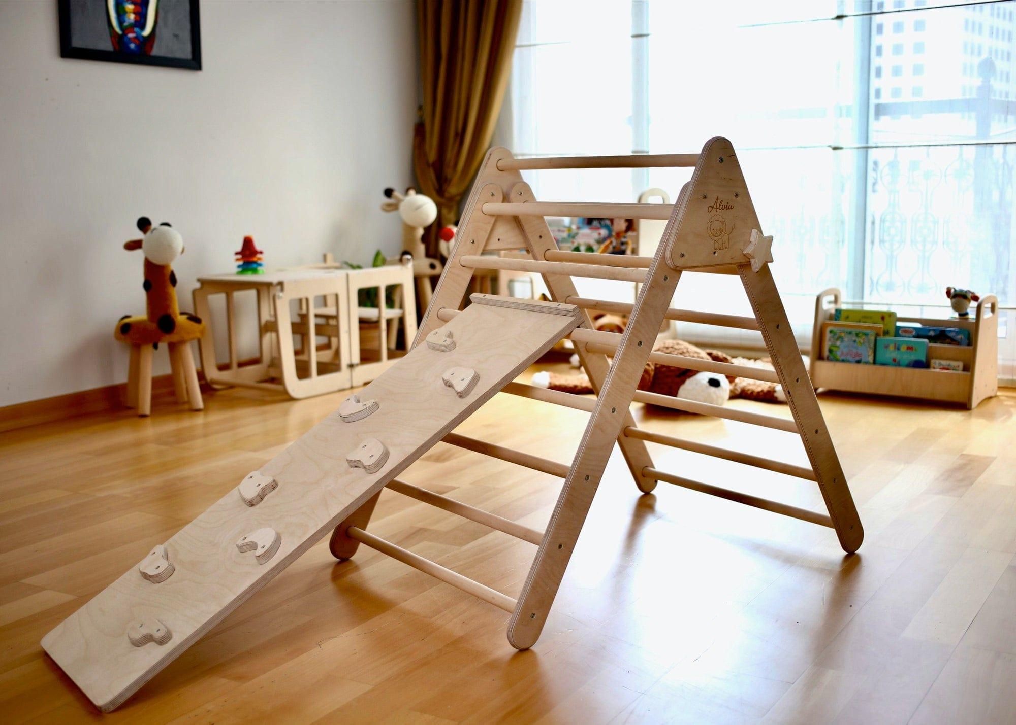 Foldable Montessori Climbing Triangle and Ramp Set made of natural birch wood, designed for toddlers to enhance motor skills and play.