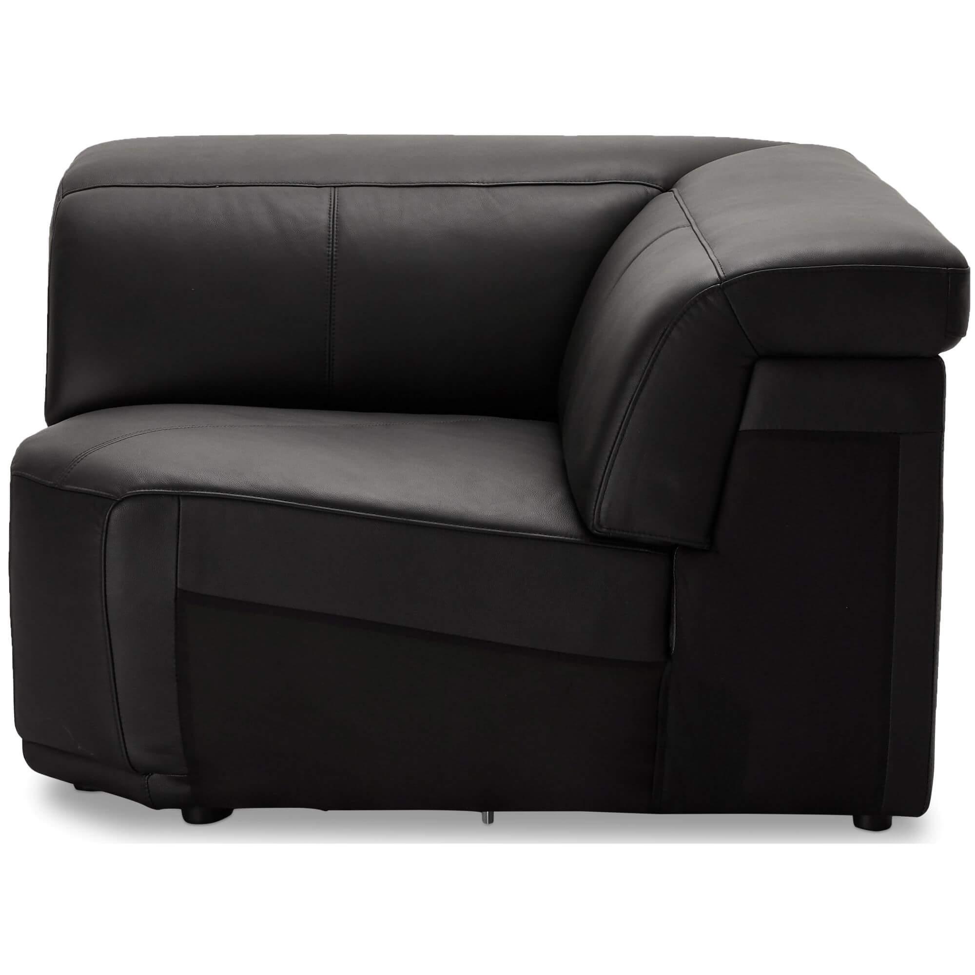 Elegant black leather corner sofa module, showcasing soft padding and sleek design, perfect for modern living spaces.