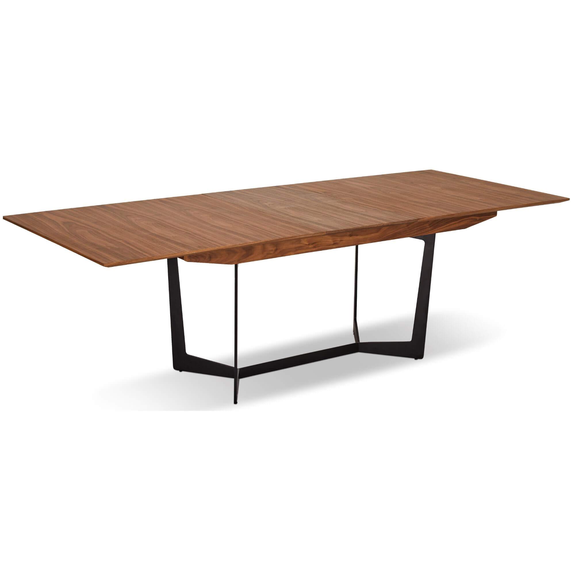 Extendable Walnut Dining Table Tokyo with butterfly extension, showcasing elegant design and sturdy steel base.