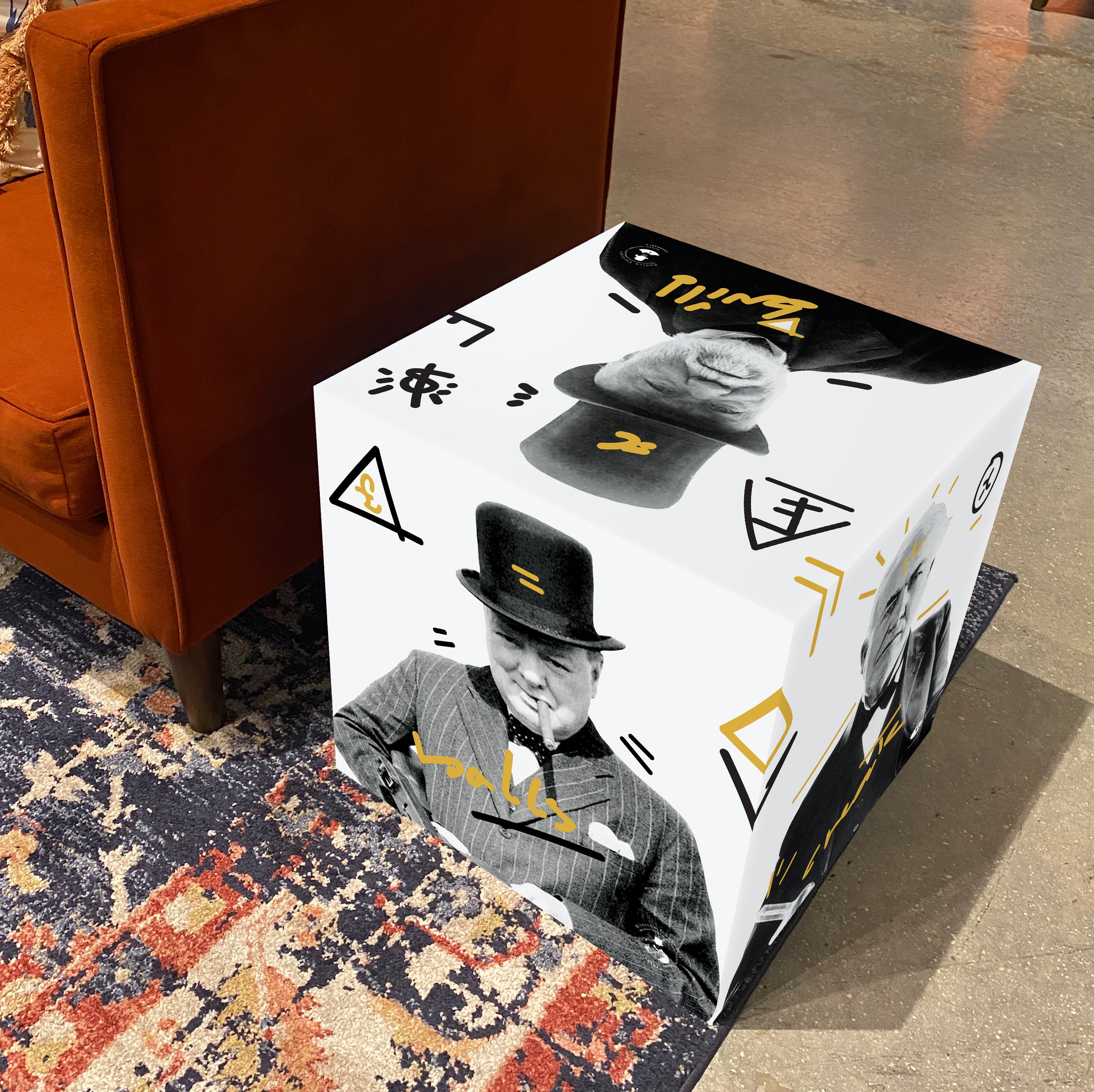 Founders Cube Table featuring a stylish design with a high gloss finish and black upholstered bottom, symbolizing support for Ukrainian Crisis Relief.