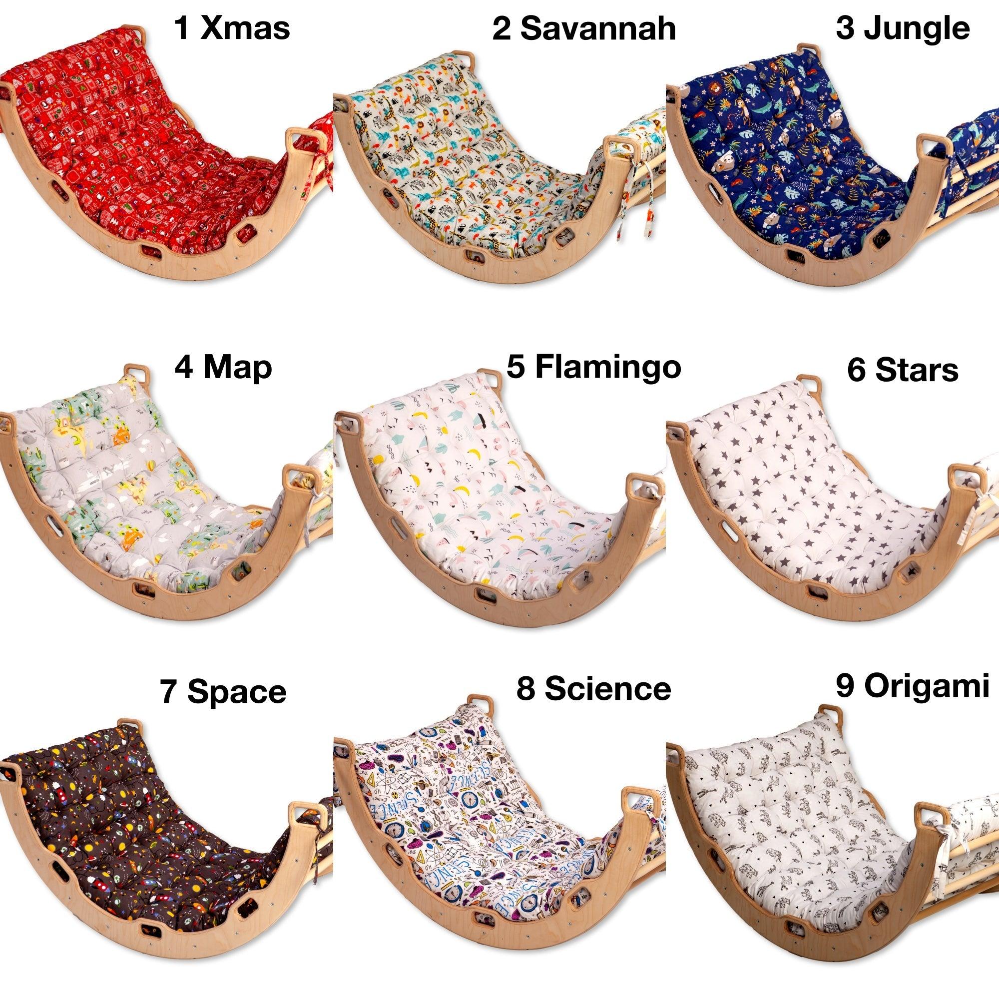 Large Montessori Climbing Arch/Rocker with Pillow Set made from natural birch plywood, designed for children's play and development.