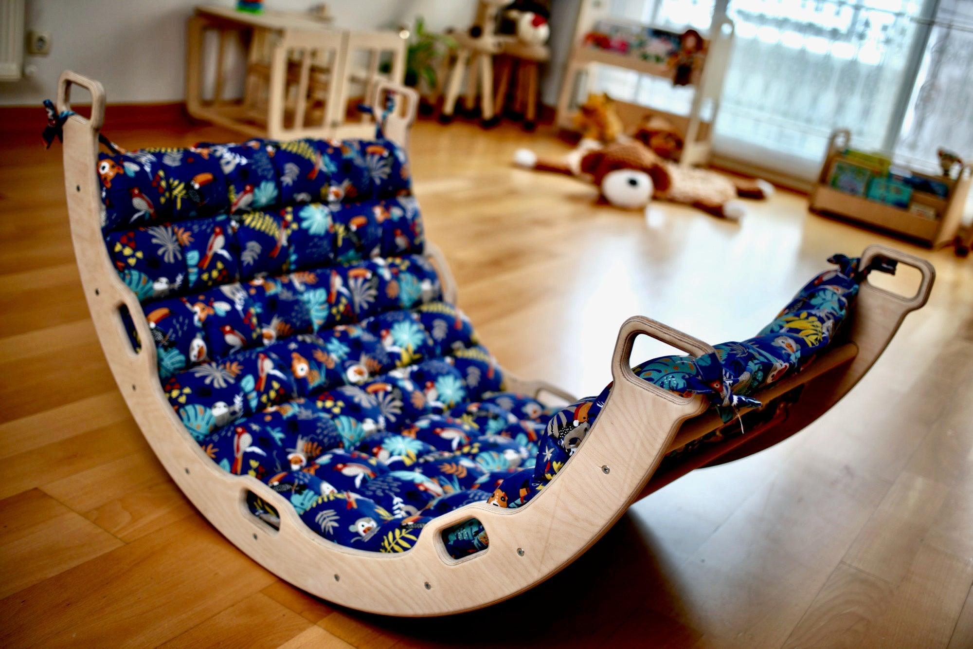 Large Montessori Climbing Arch/Rocker with Pillow Set made from natural birch plywood, designed for children's play and development.