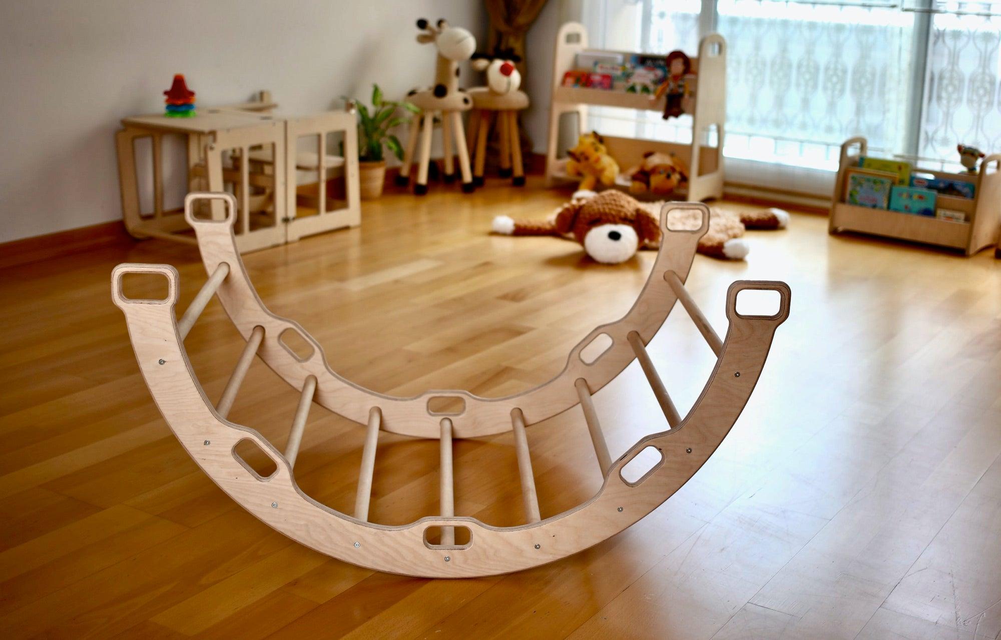 Large Montessori Climbing Arch/Rocker with Pillow Set made from natural birch plywood, designed for children's play and development.